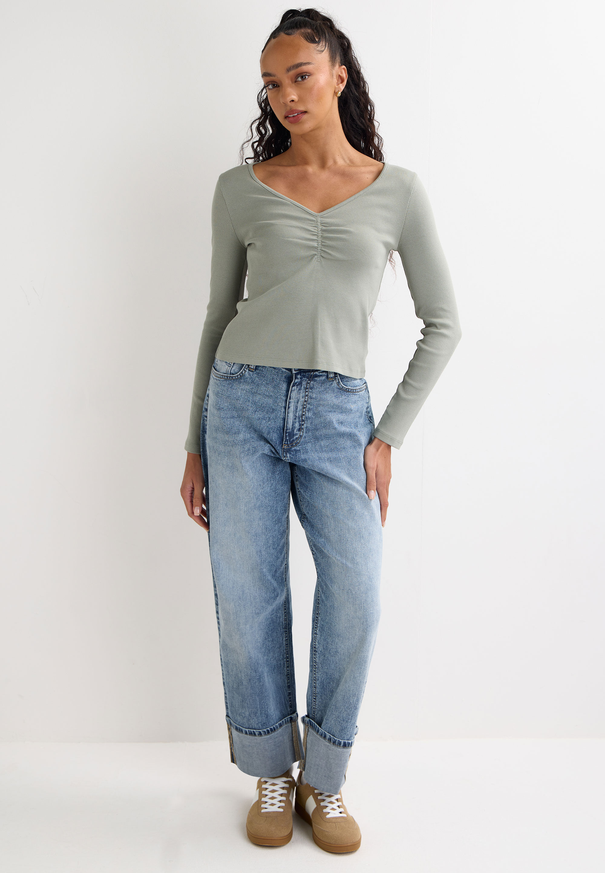 Womens Sage Ruched Long Sleeve Top