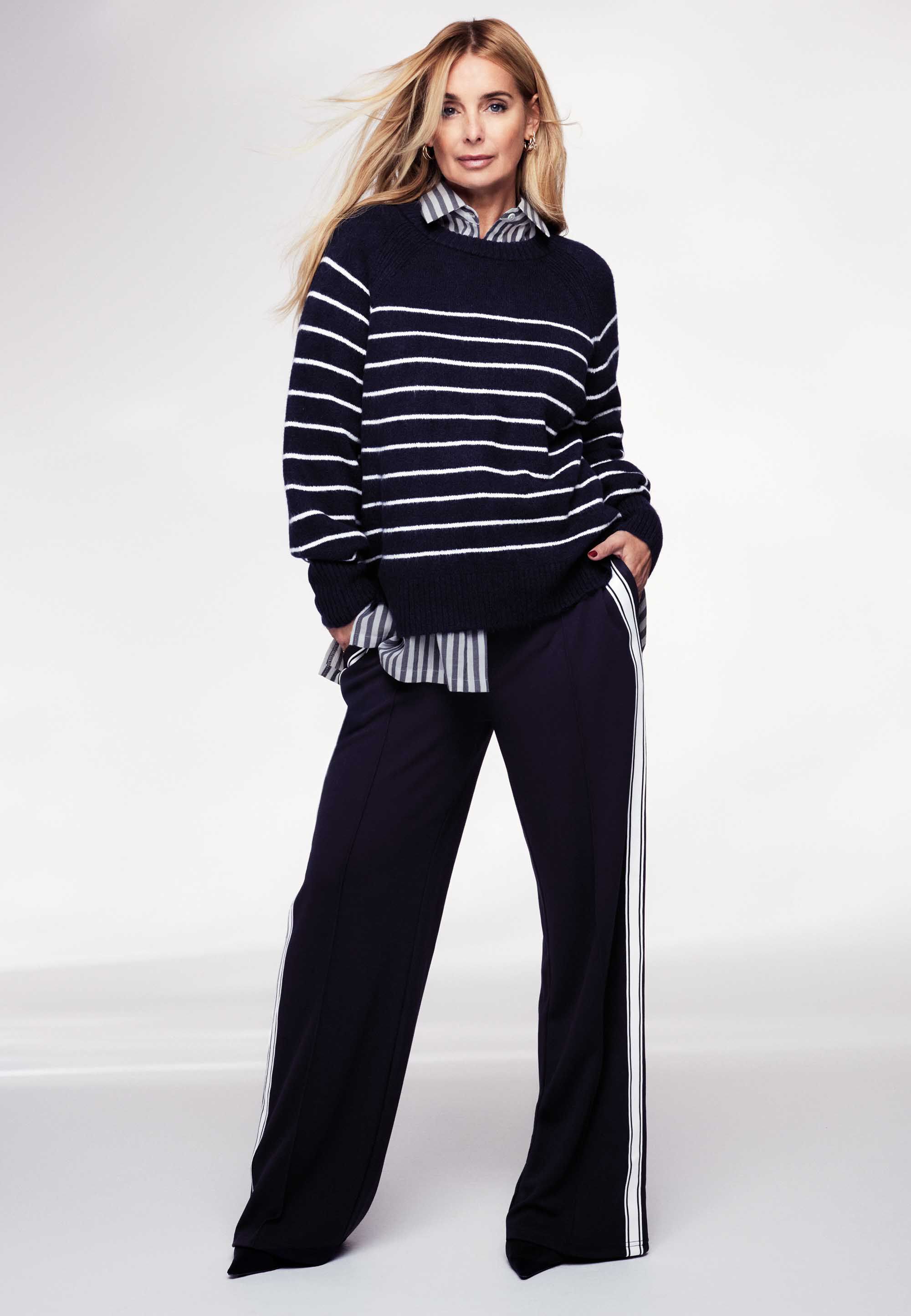 Womens Navy & White Stripe Wide Leg Trousers
