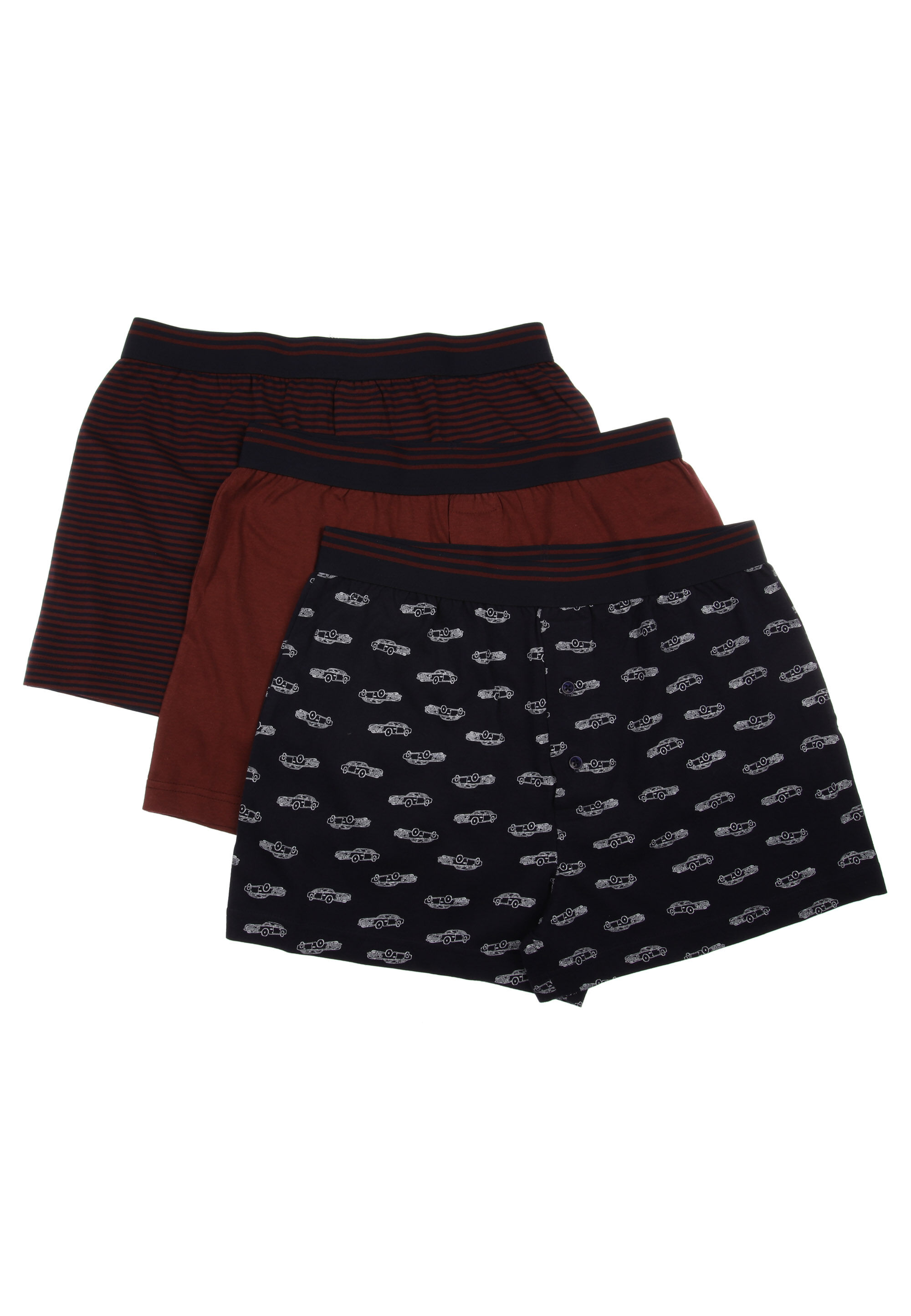 Mens 3pk Burgundy Car & Stripe Loose Fit Boxers