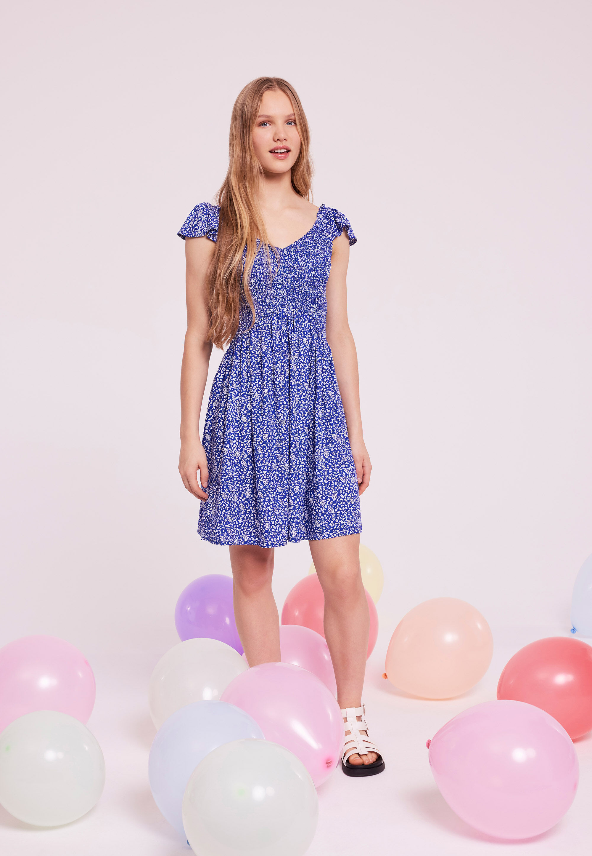 Older Girls Blue Floral Shirred Top Dress