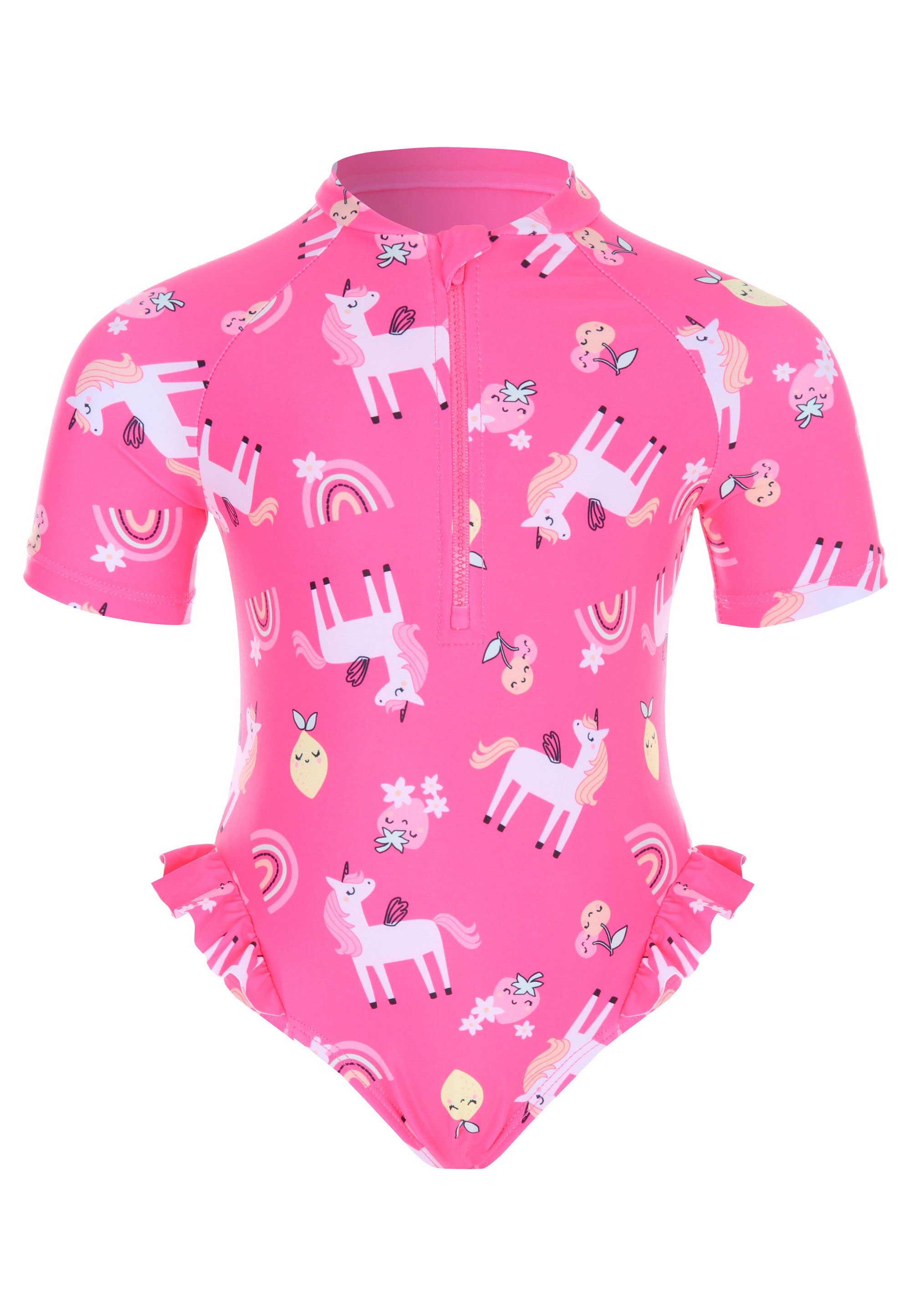 Younger Girls Pink Unicorn Ruffle Sides Sun Safe Swimsuit
