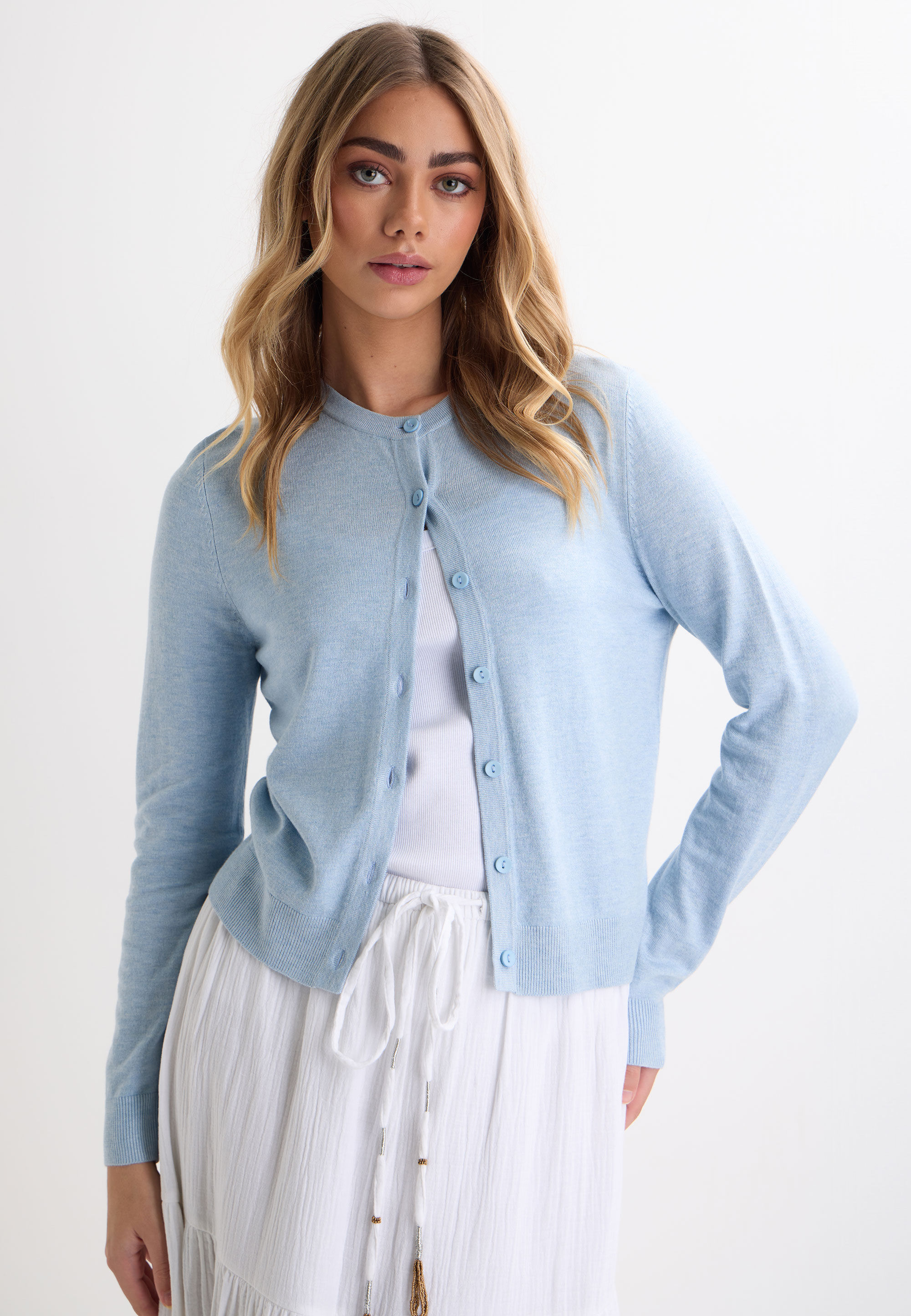 Womens Blue Plain Crew Neck Cardigan