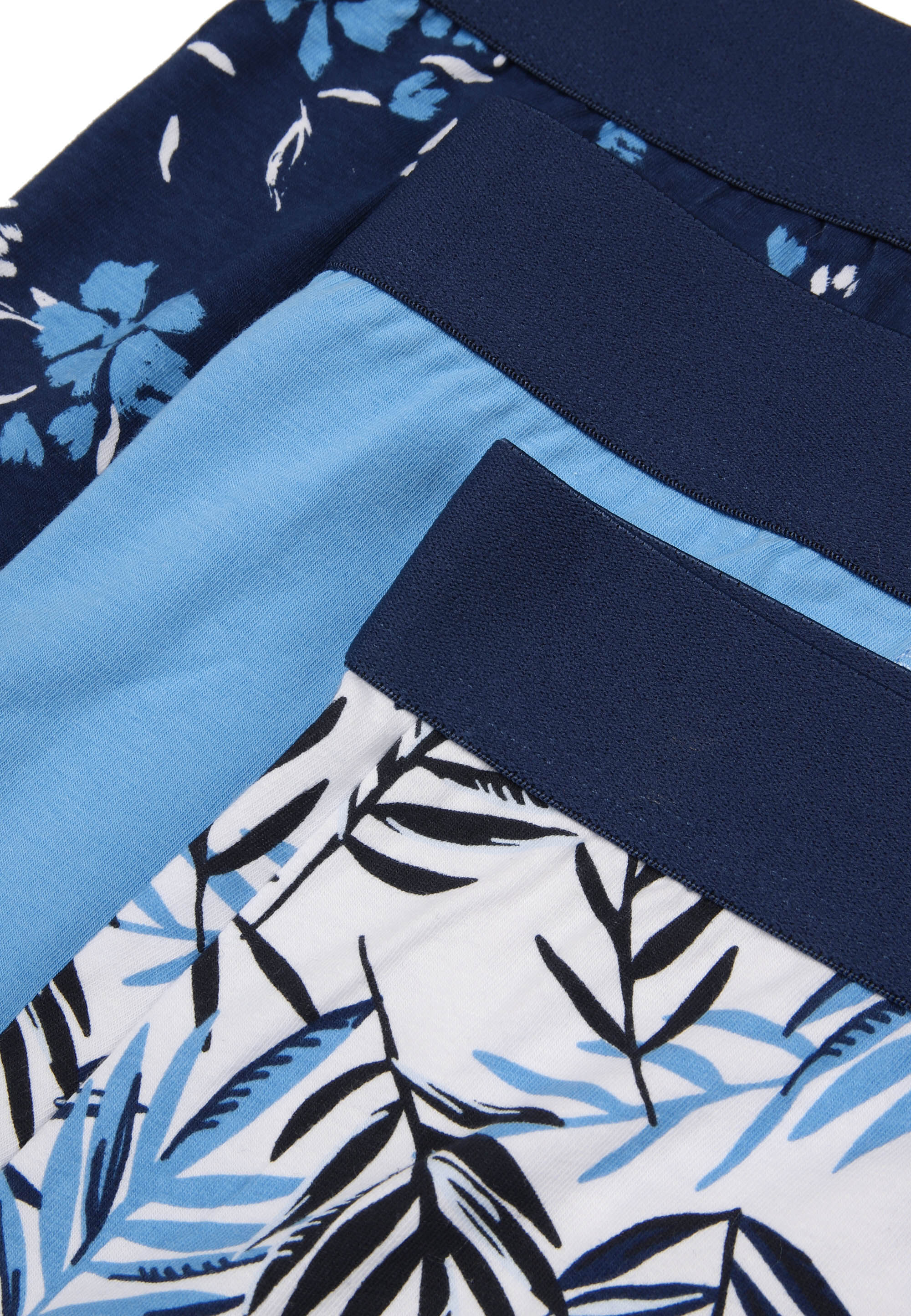 Mens 3pk Blue Leaf Print Hipster Stretch Trunks