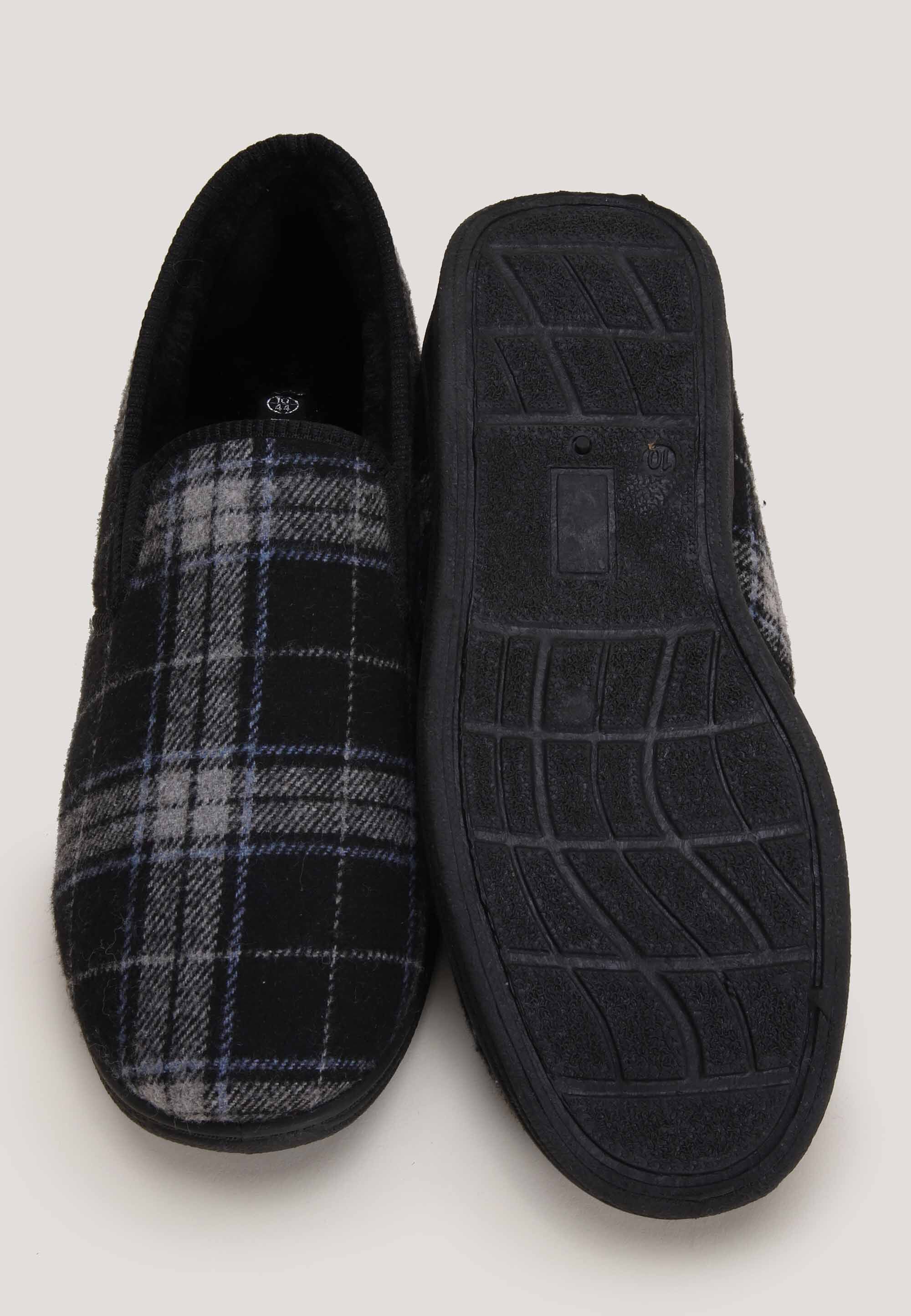 Mens Black & Grey Check Closed Back Loafer Slippers