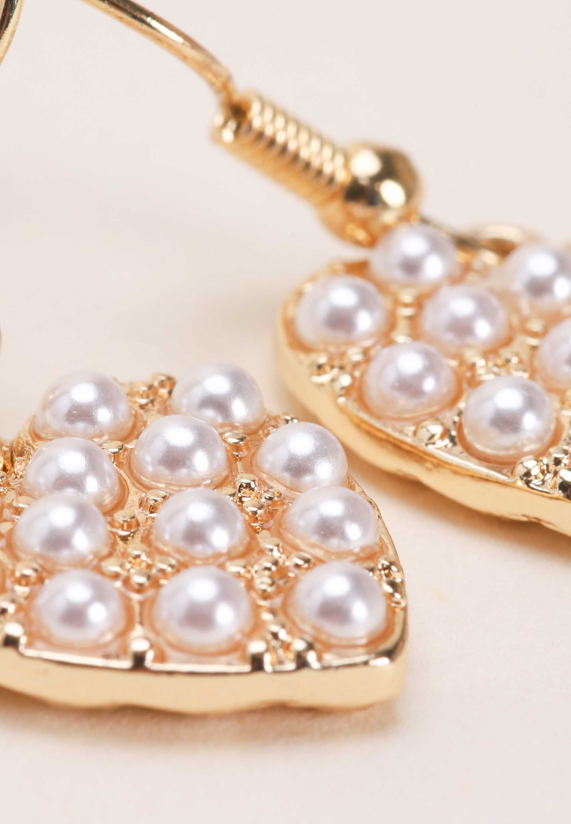 Womens Gold Pearl Heart Drop Earrings