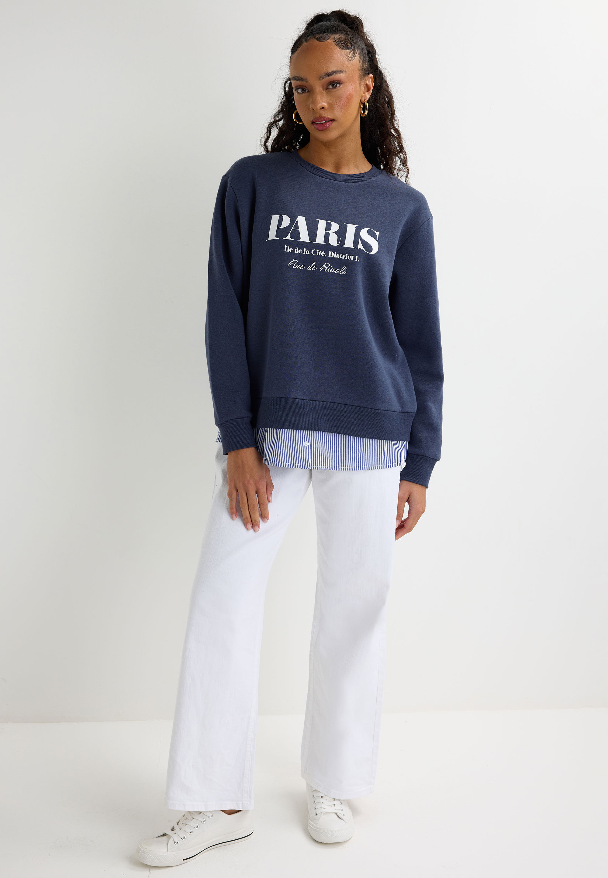 Womens Navy Paris Slogan 2 in 1 Shirt & Sweatshirt