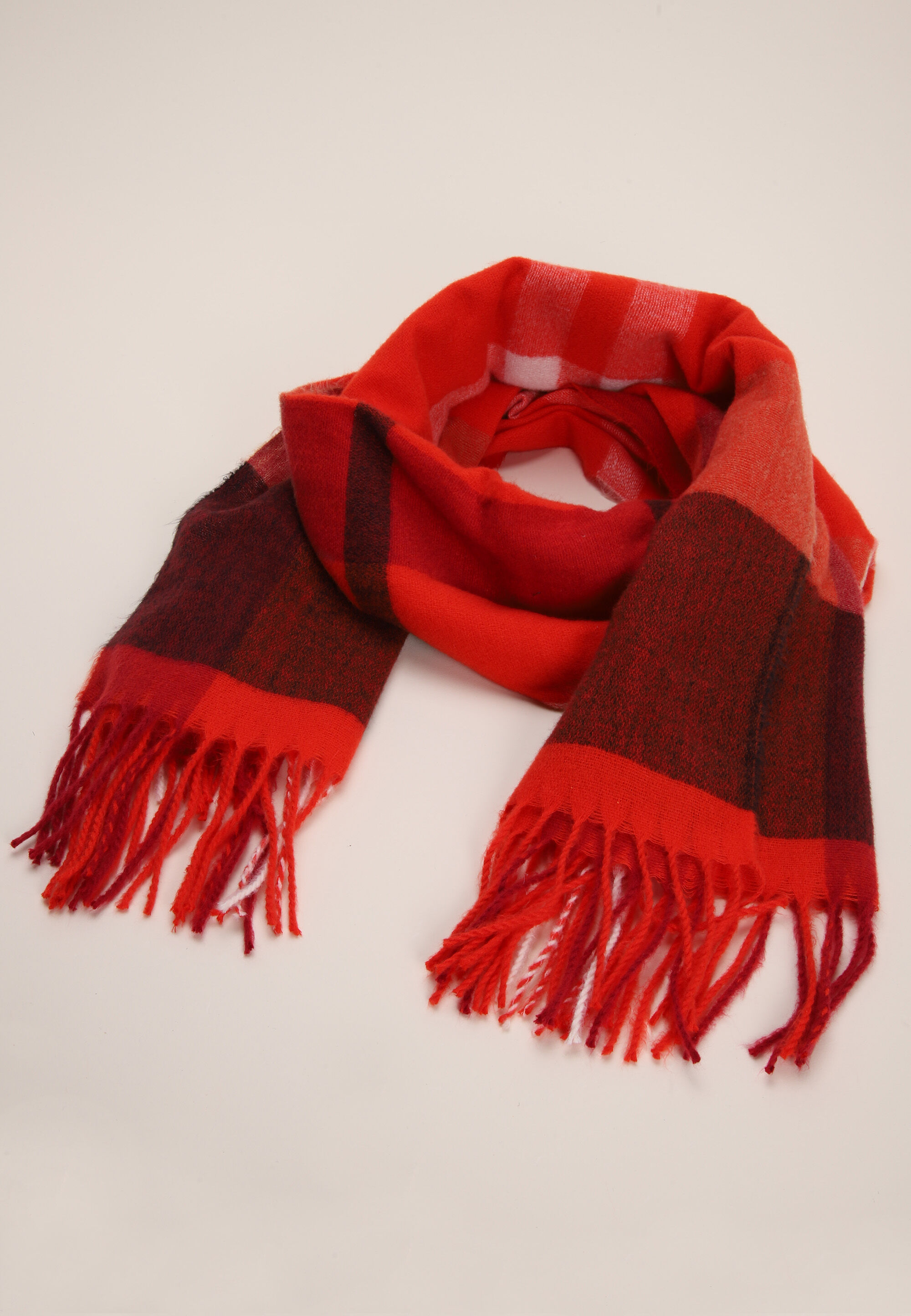 Womens Red Fringed Check Scarf