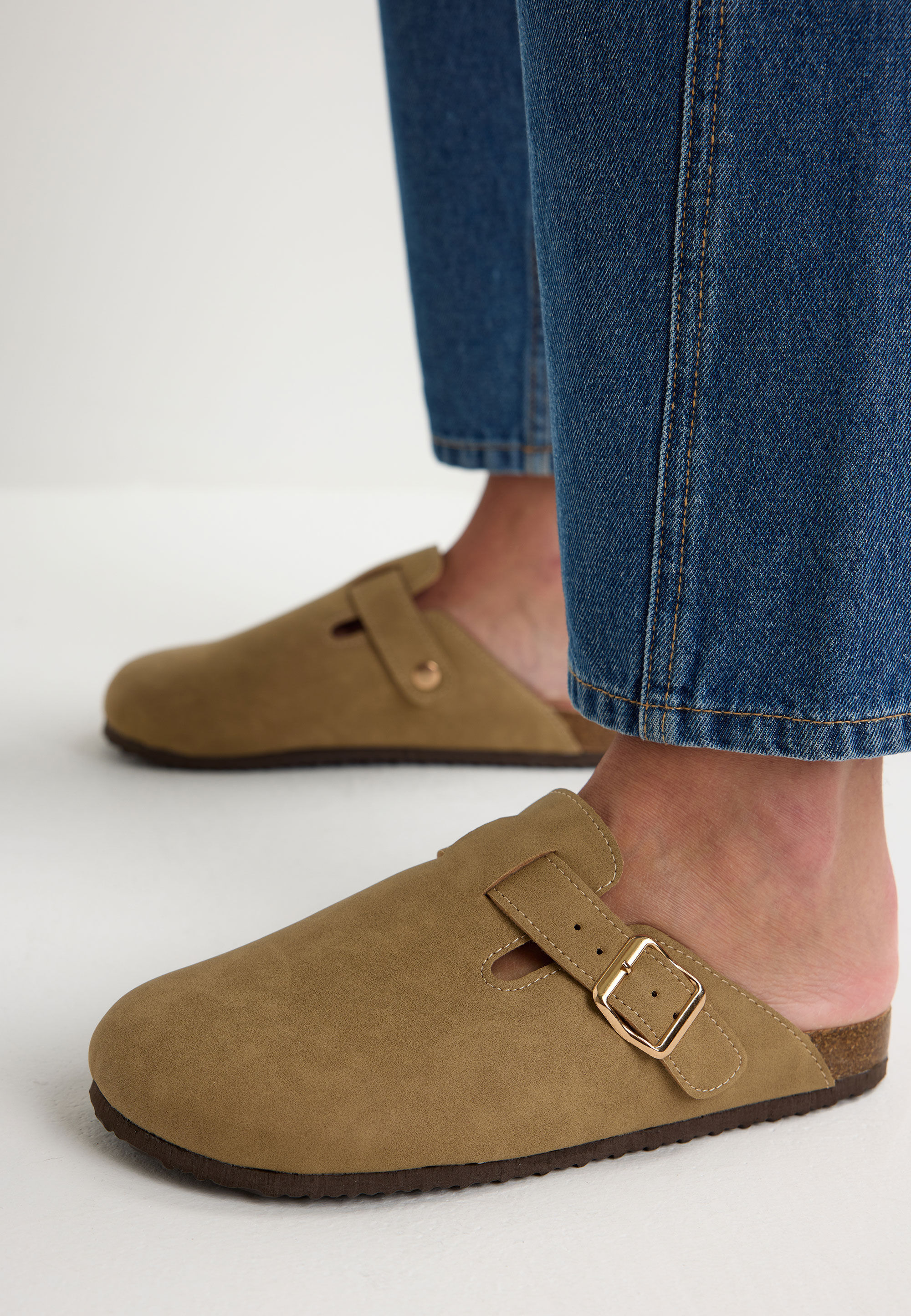 Womens Taupe Suedette Closed Toe Flat Mules