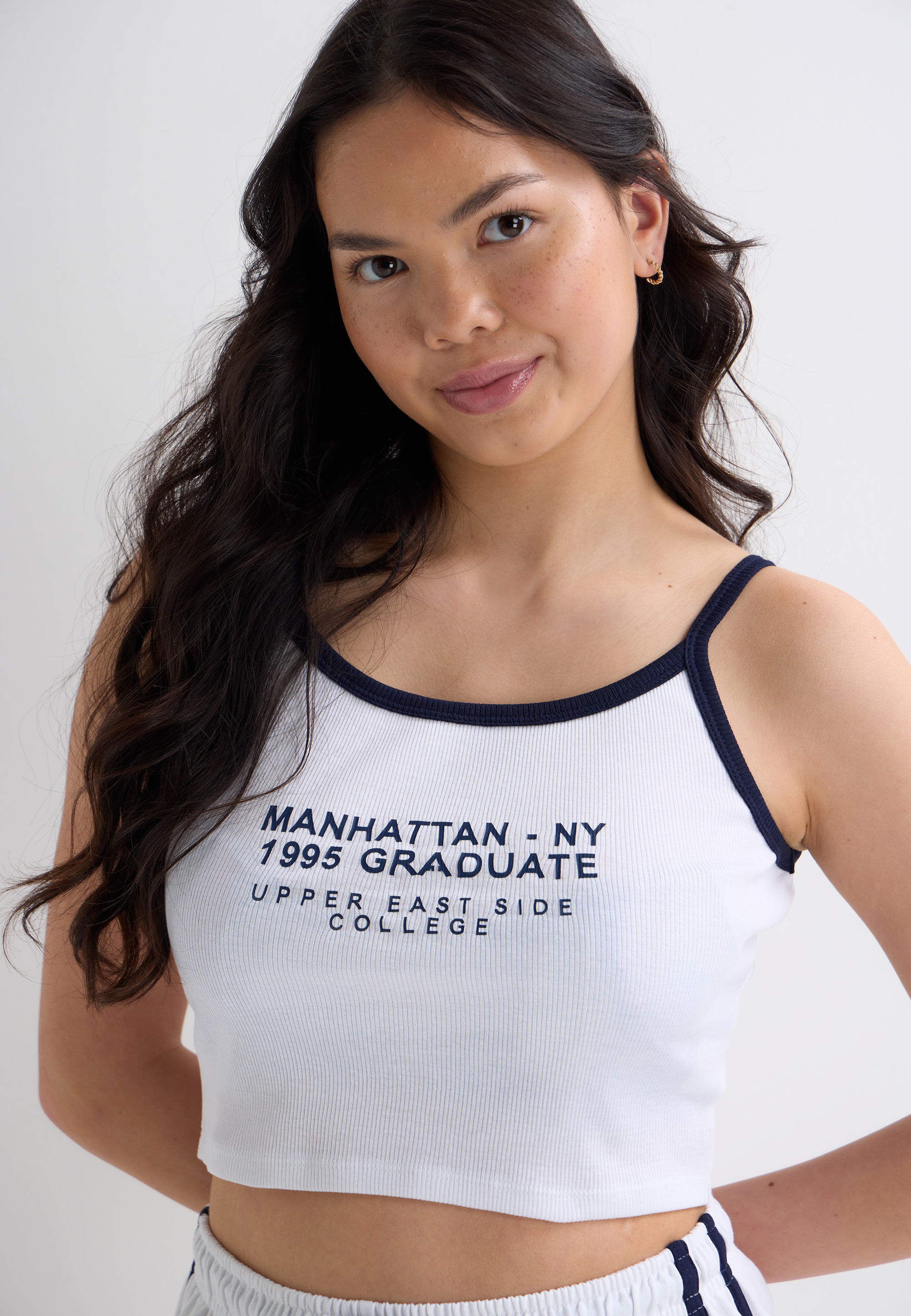 Older Girls White & Navy Graphic Strappy Crop Vest