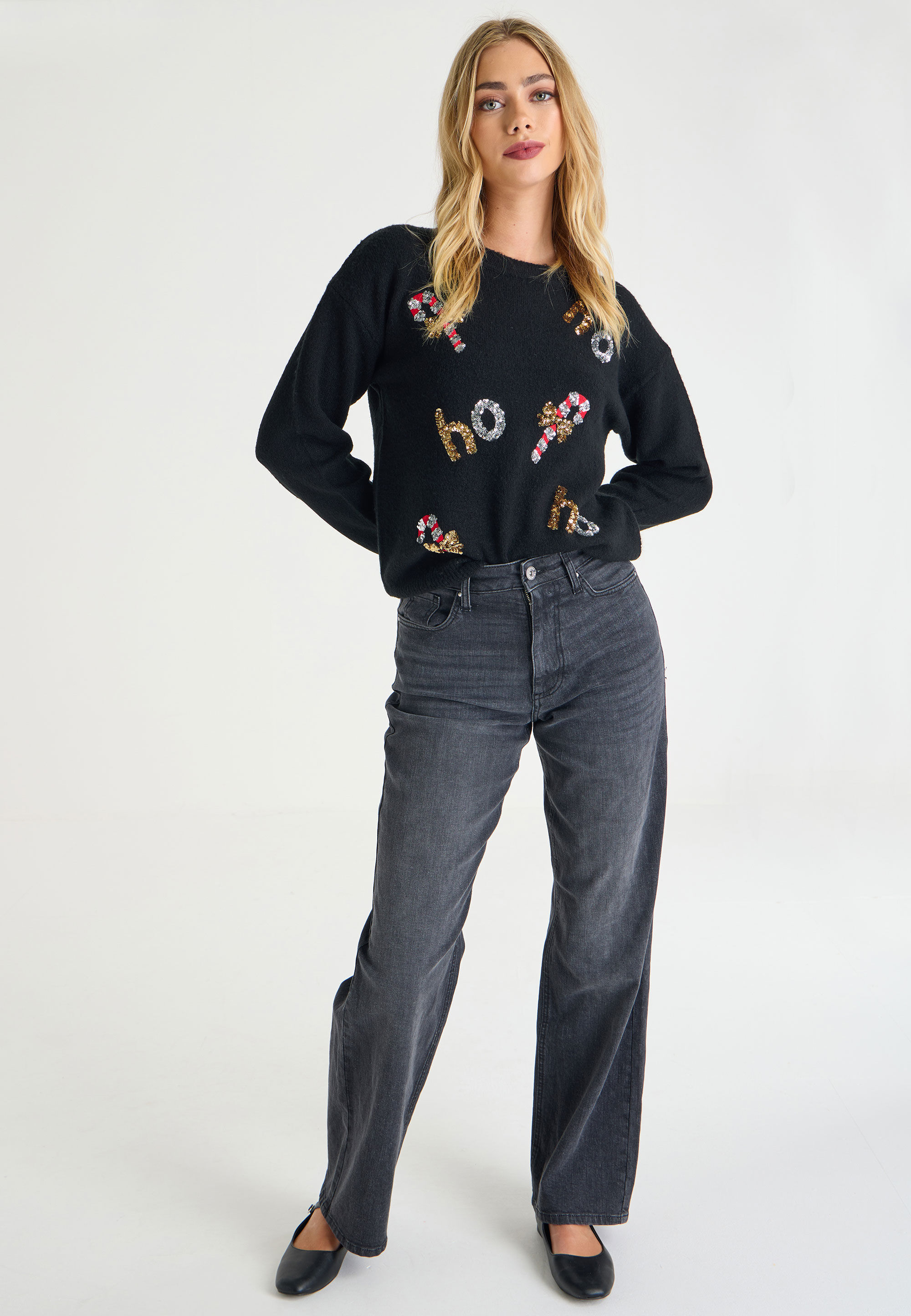 Womens Black Sequin Ho Ho Ho Jumper