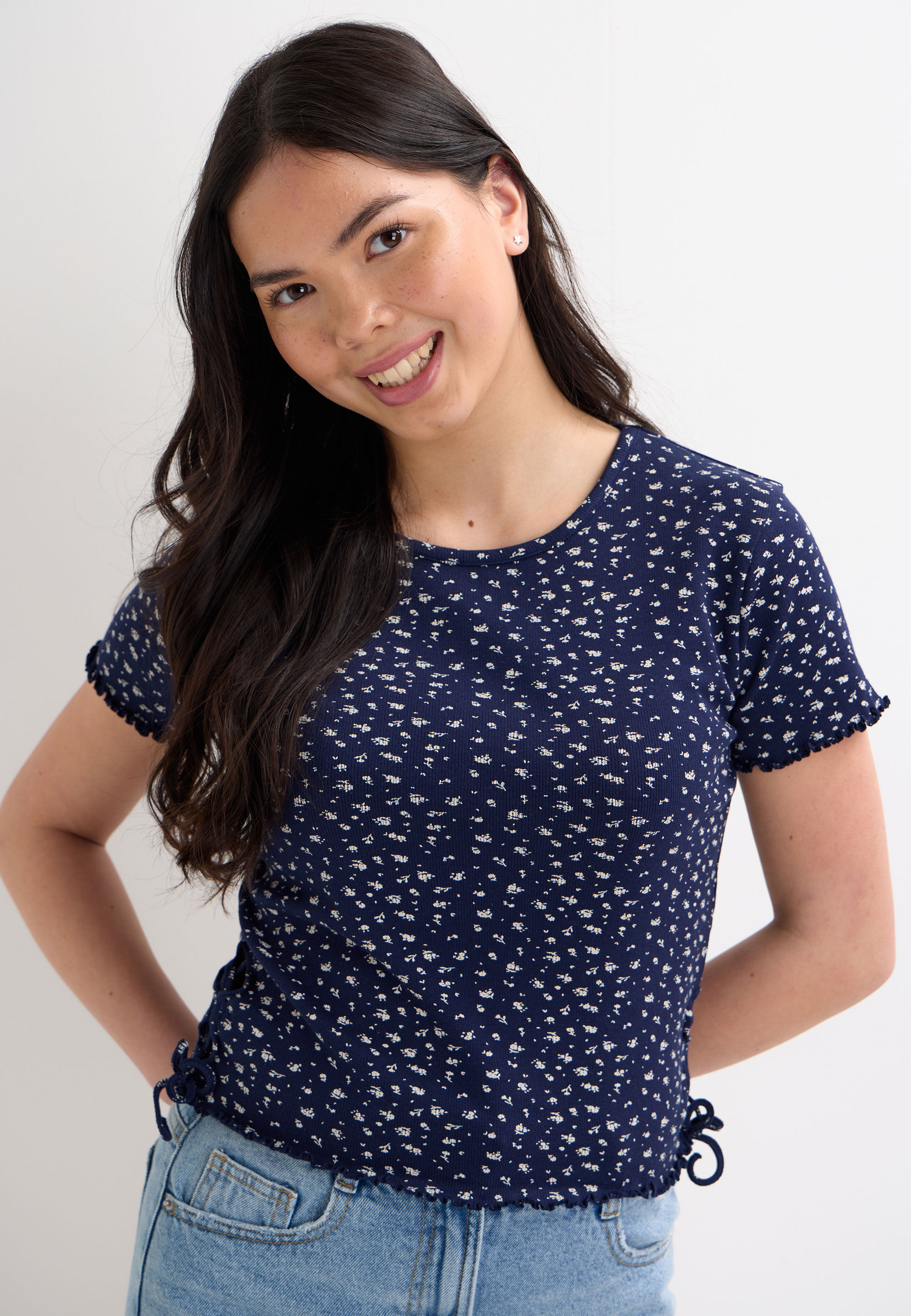 Older Girls Navy Floral Side Ruche Top