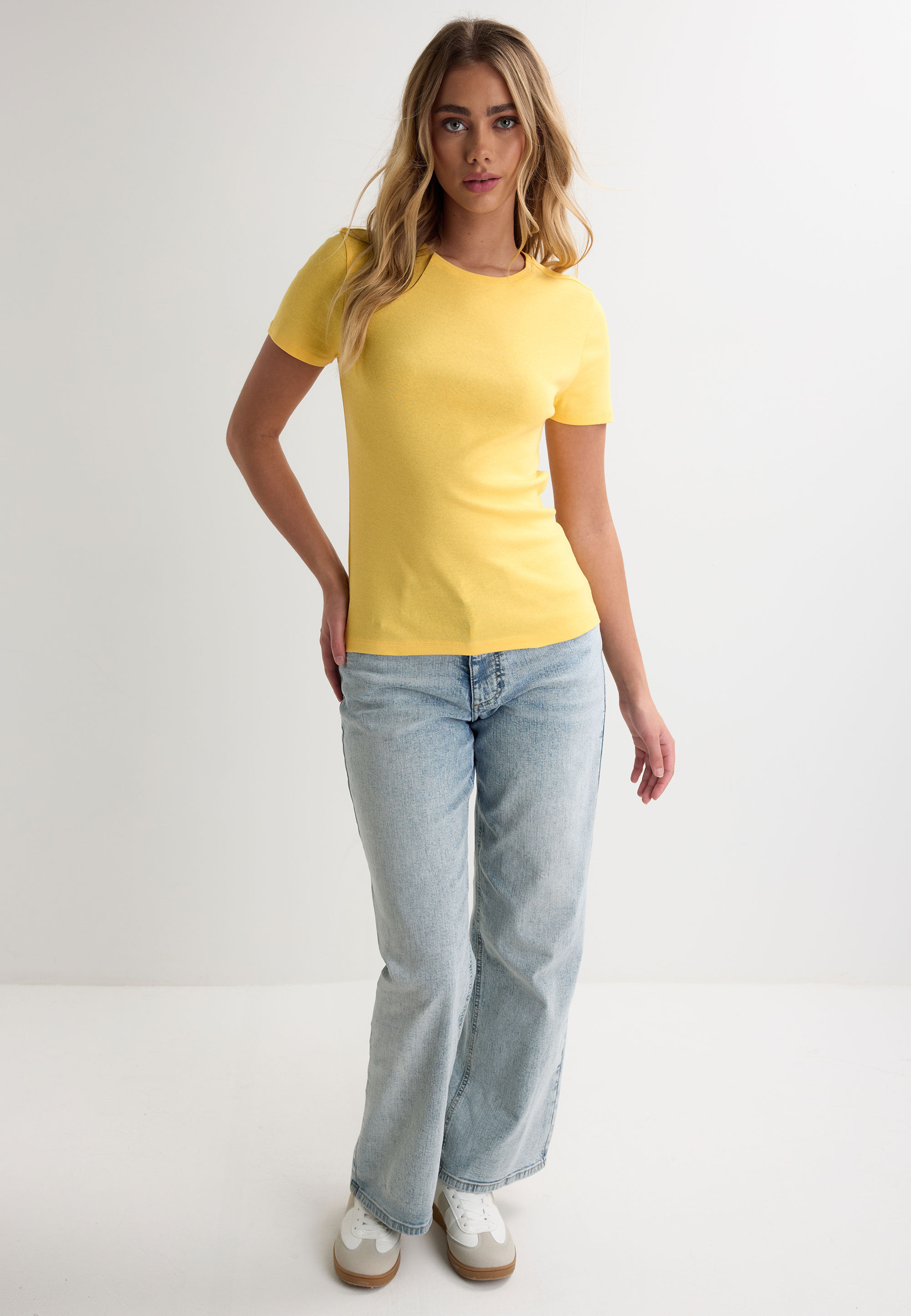 Womens Yellow Plain Fitted Crew Neck Top