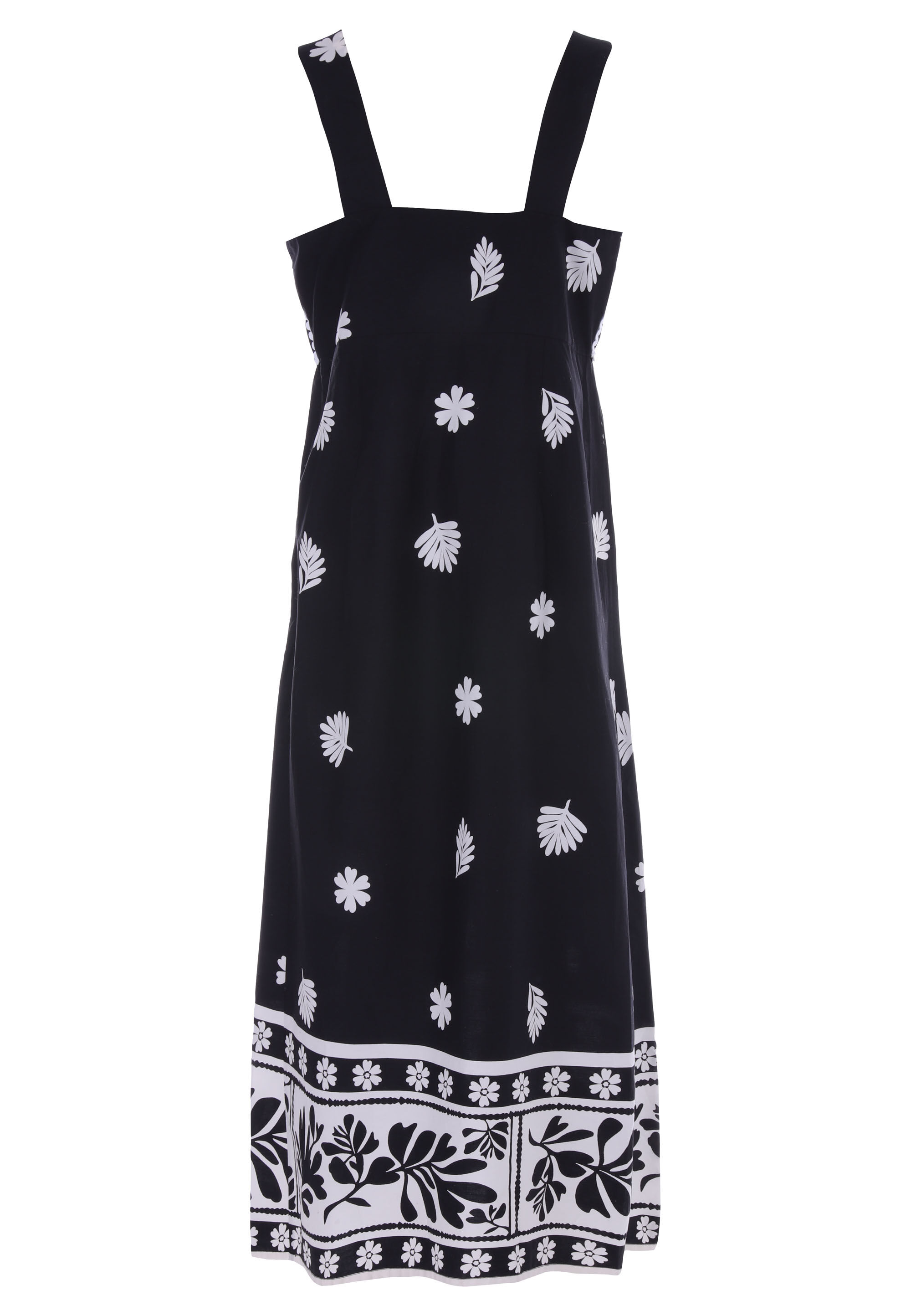 Womens Black & White Leaf Print Cotton Midi Dress
