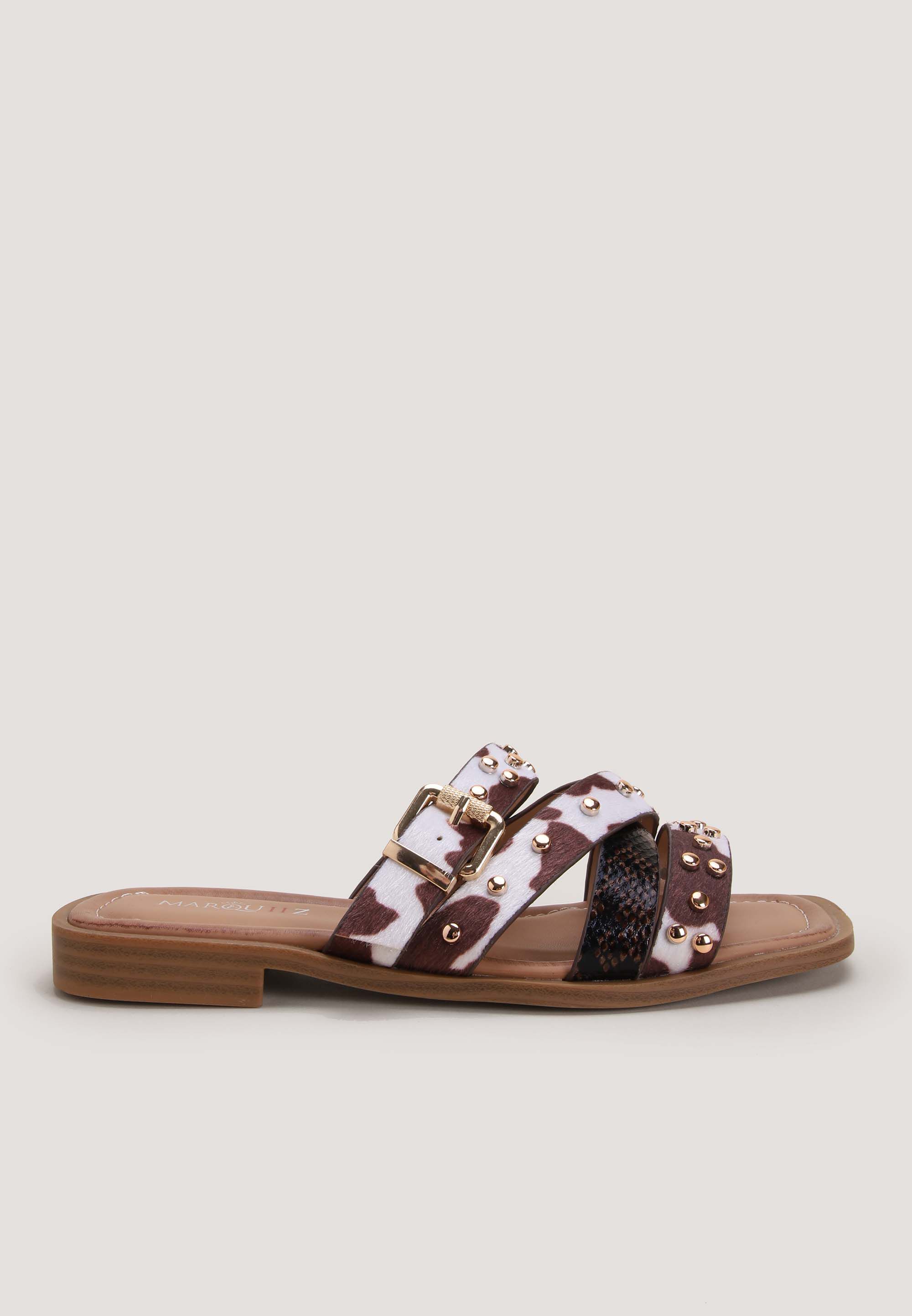 Womens Brown Cow Print Studded Sandals
