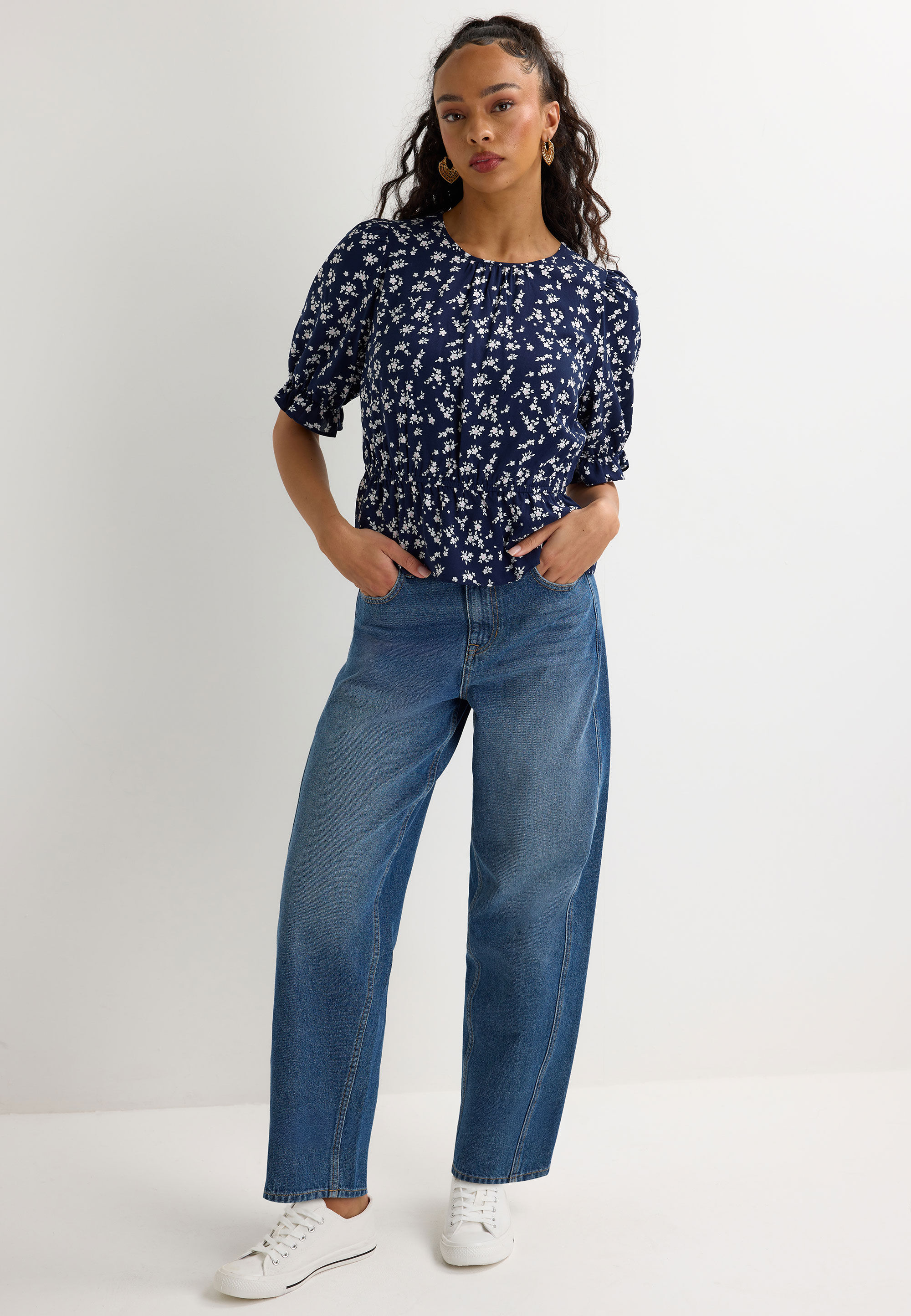 Womens Navy Daisy Print Tea Top