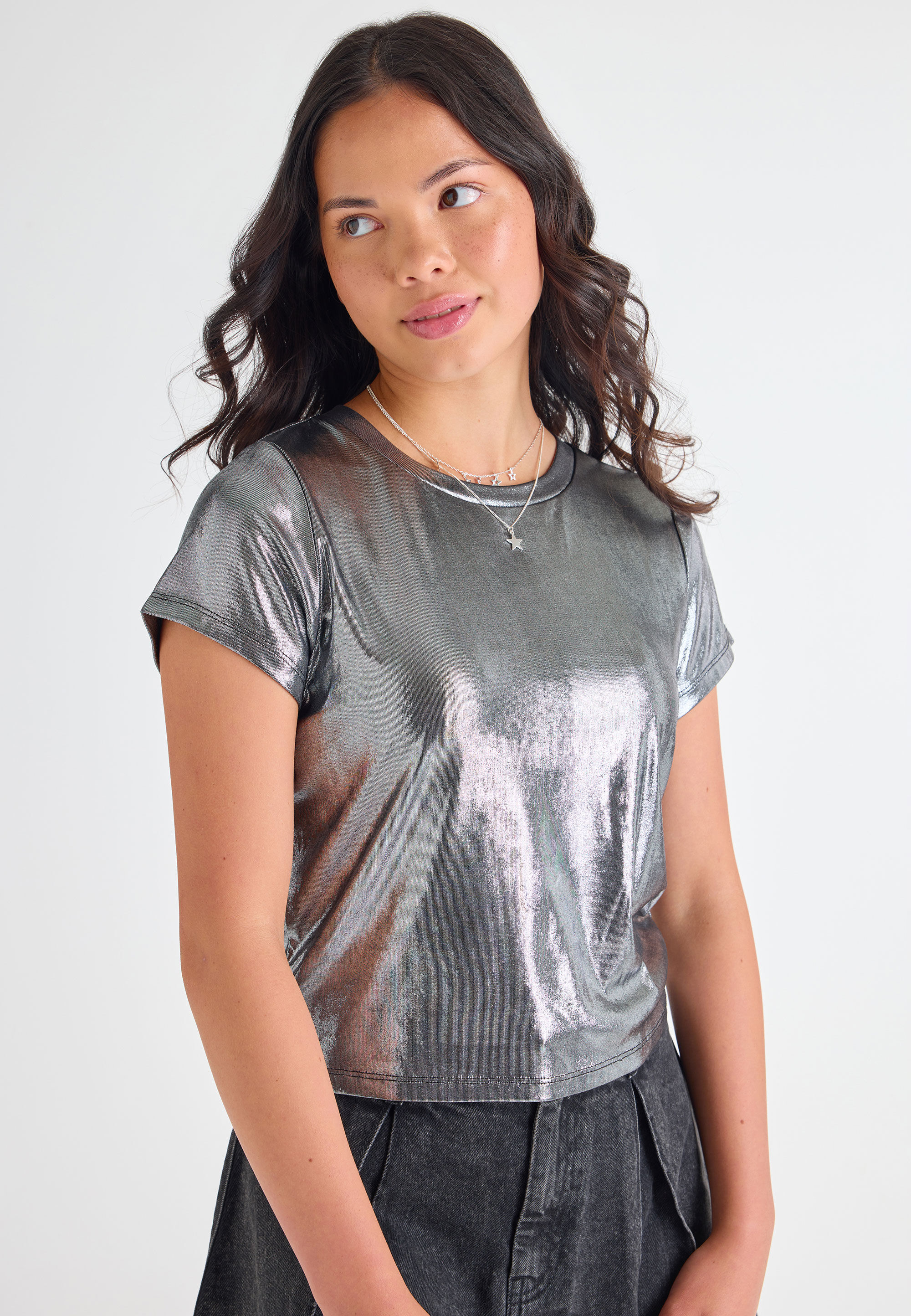 Older Girls Silver Foil Shine Top