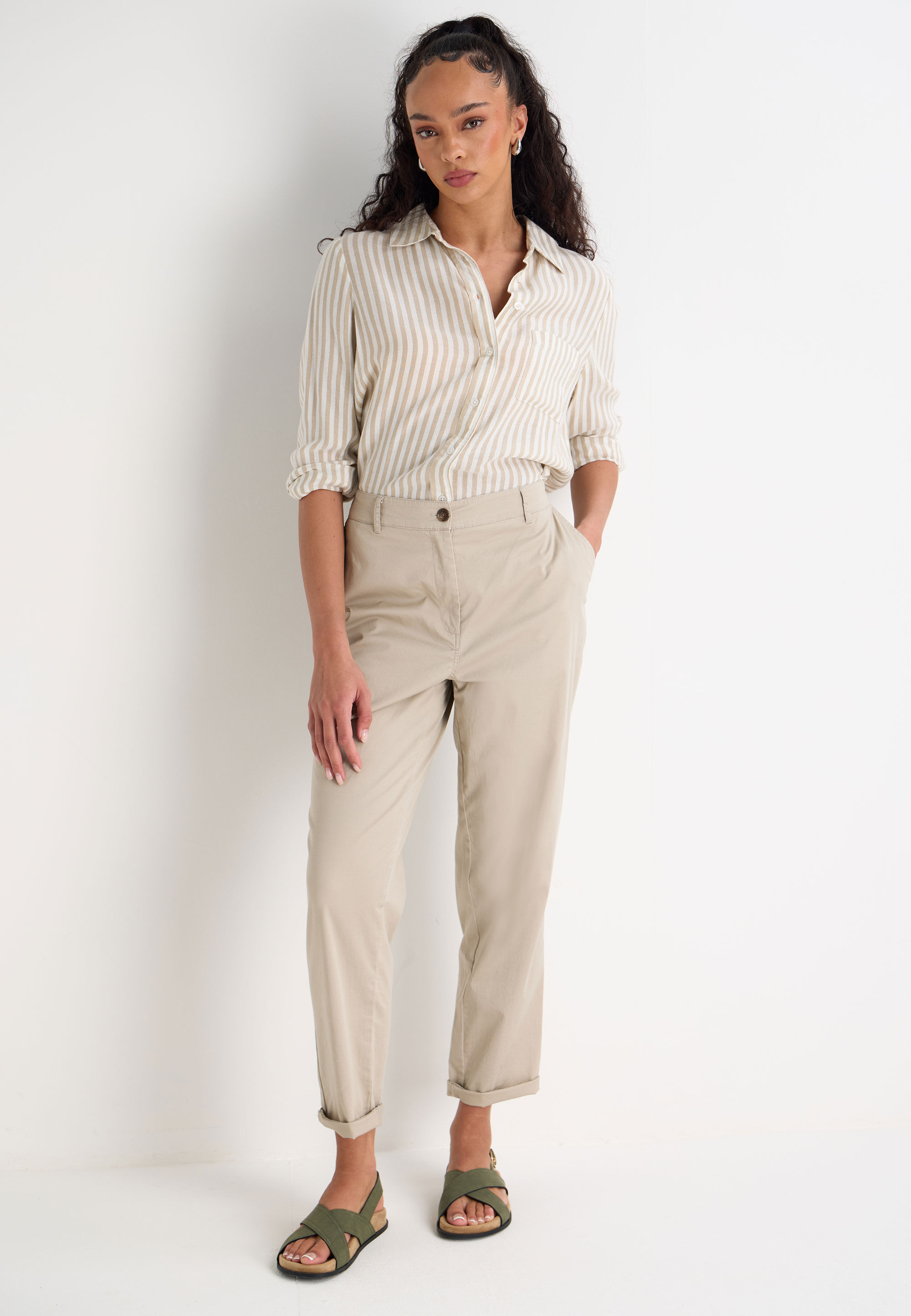Womens Cream Plain Cropped Chino Trousers