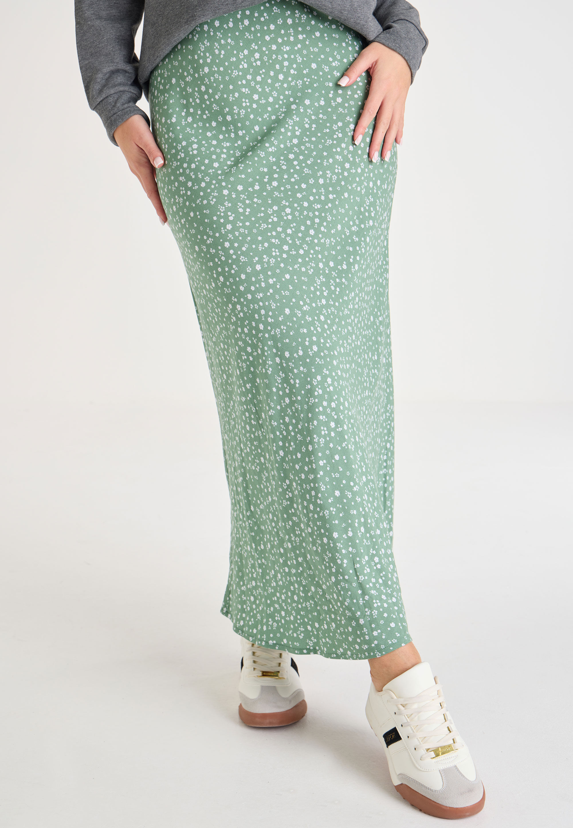 Womens Sage & White Floral Printed Midi Skirt