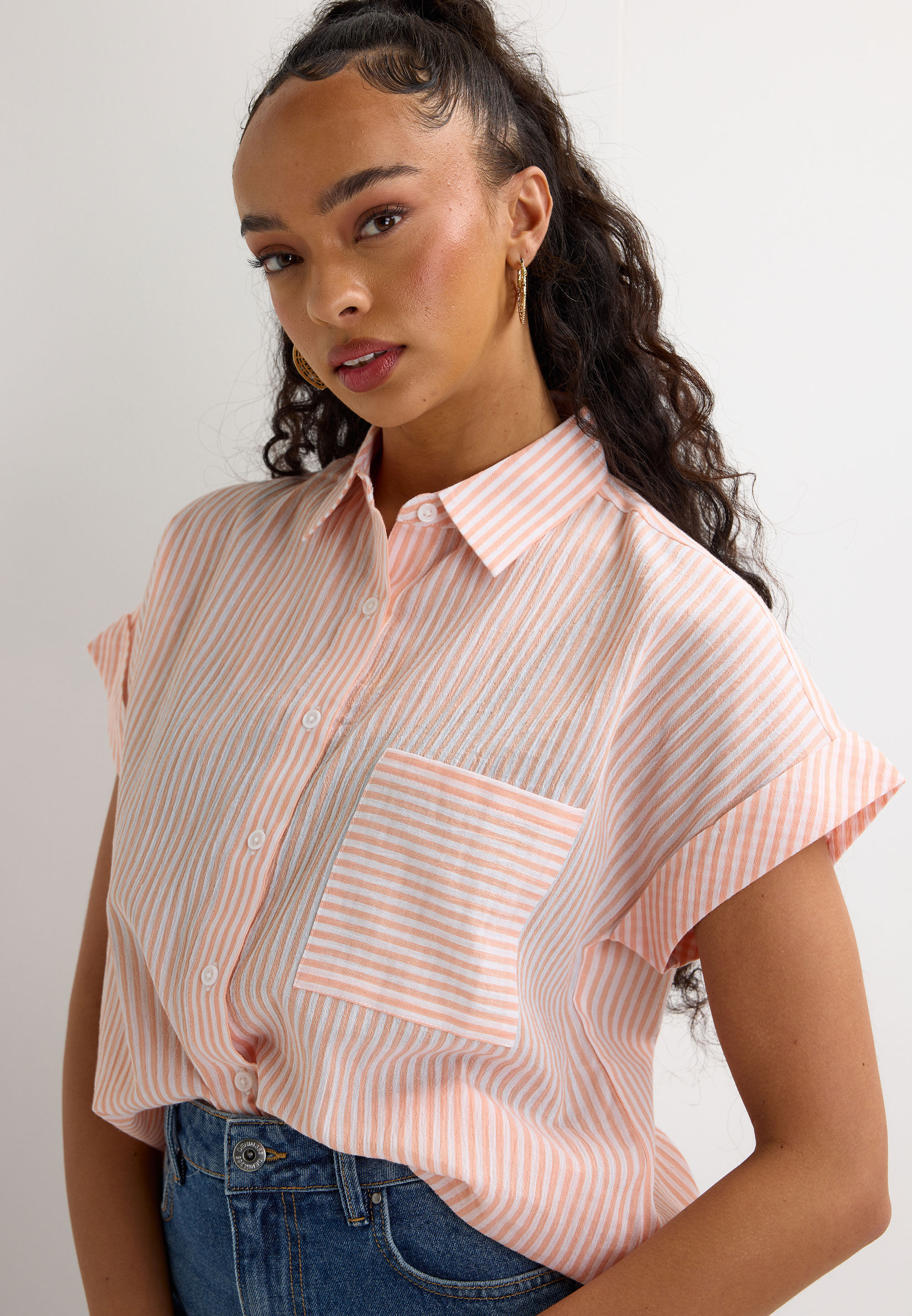 Womens Peach Stripe Crinkle Short Sleeve Shirt