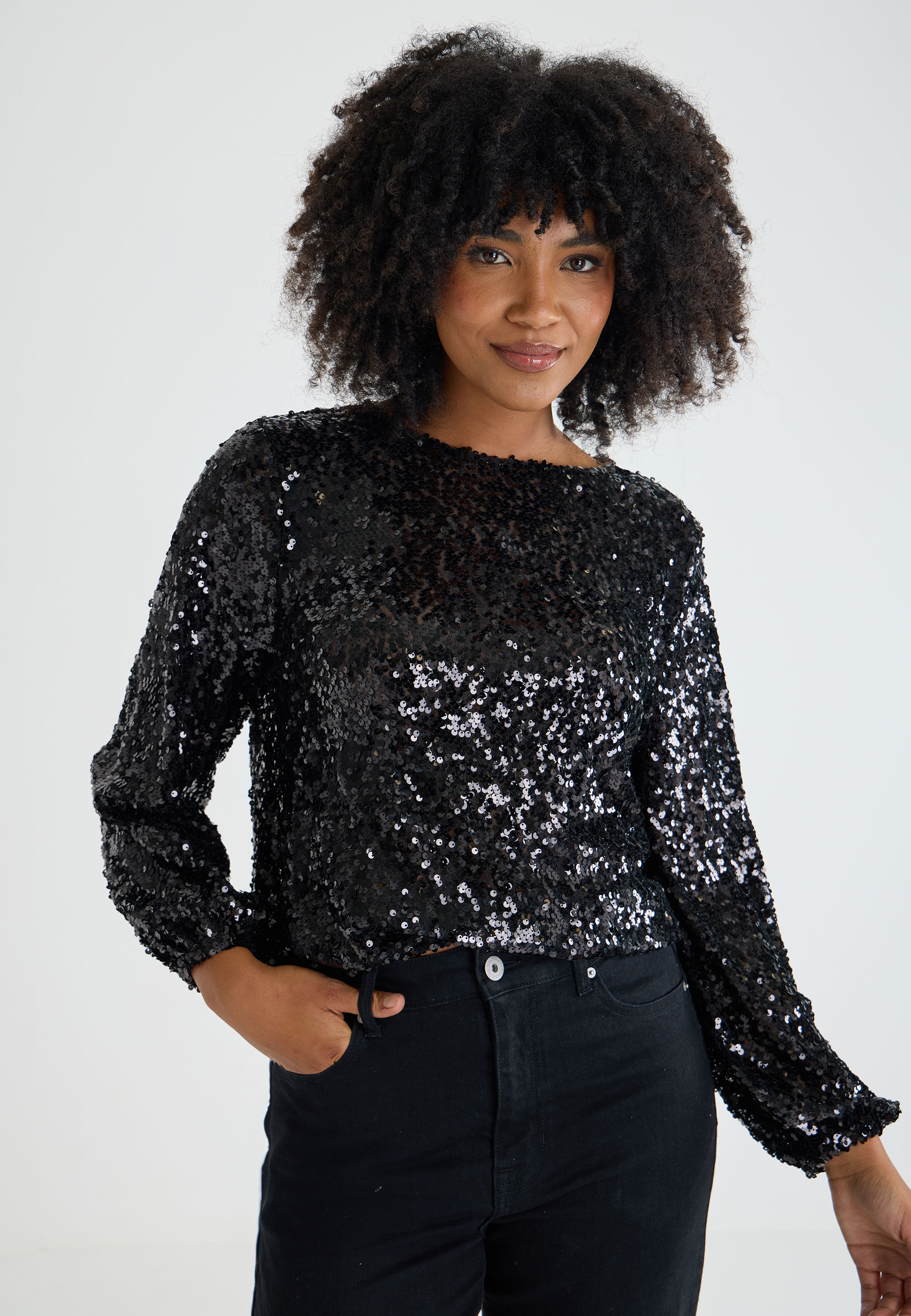 Womens Black Sequin Bubble Hem Top