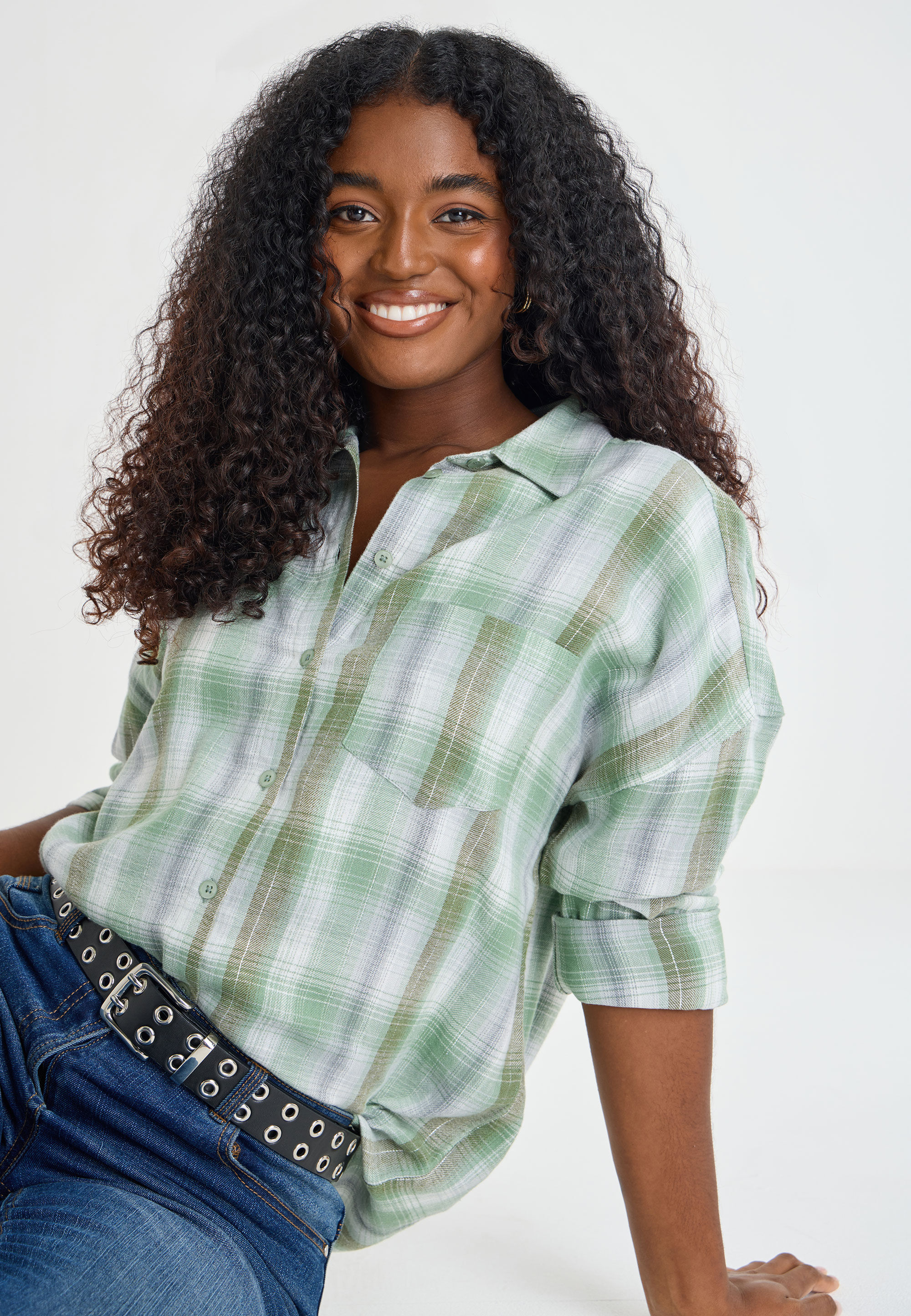 Womens Green & White Check Western Shirt