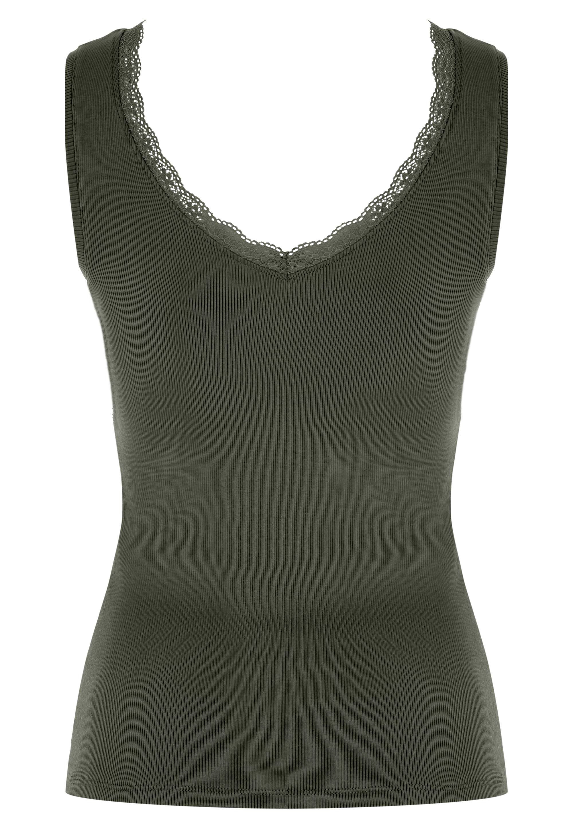 Womens Khaki Ribbed Lace Trim Vest Top