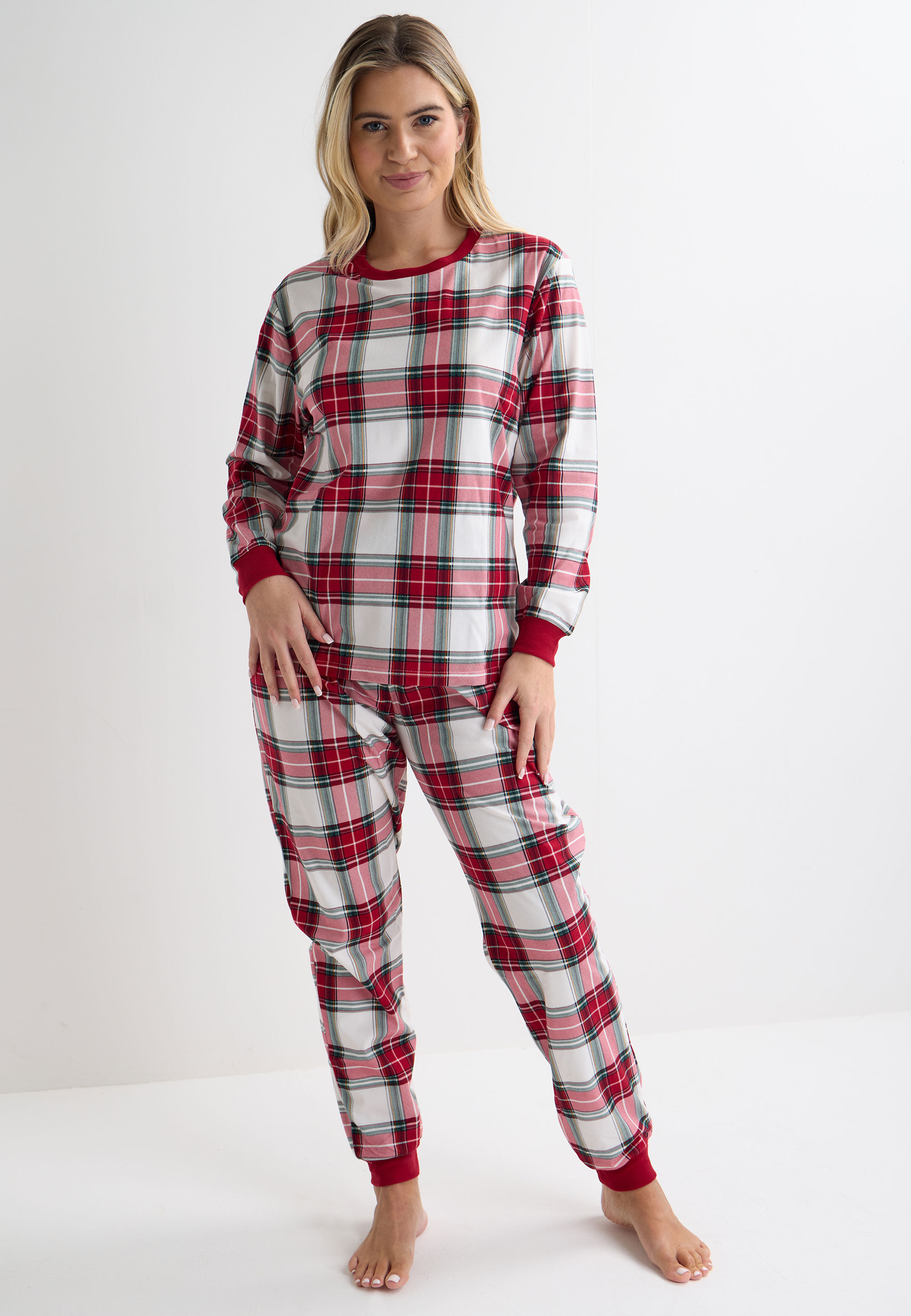 Womens Red & Cream Check Christmas Family Pyjama Set