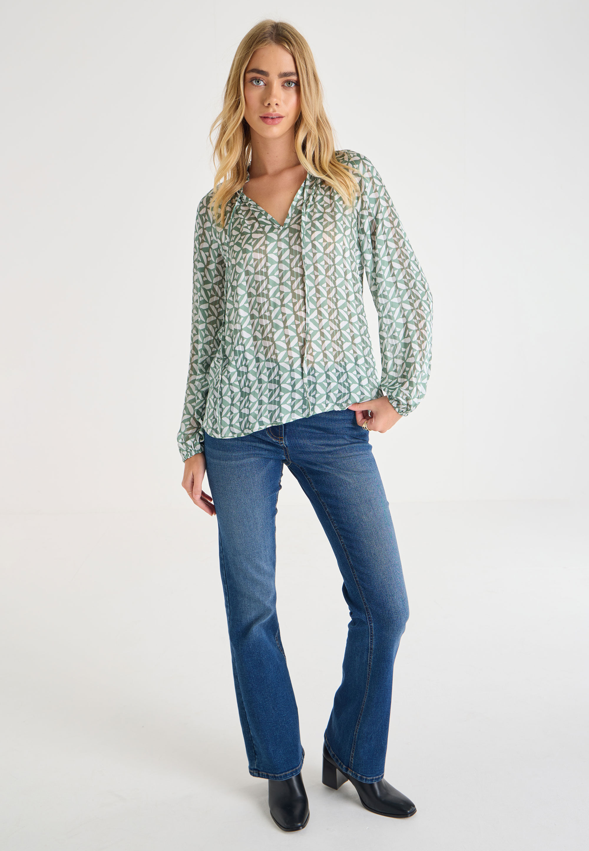 Womens Sage Tile Tie Neck Blouse