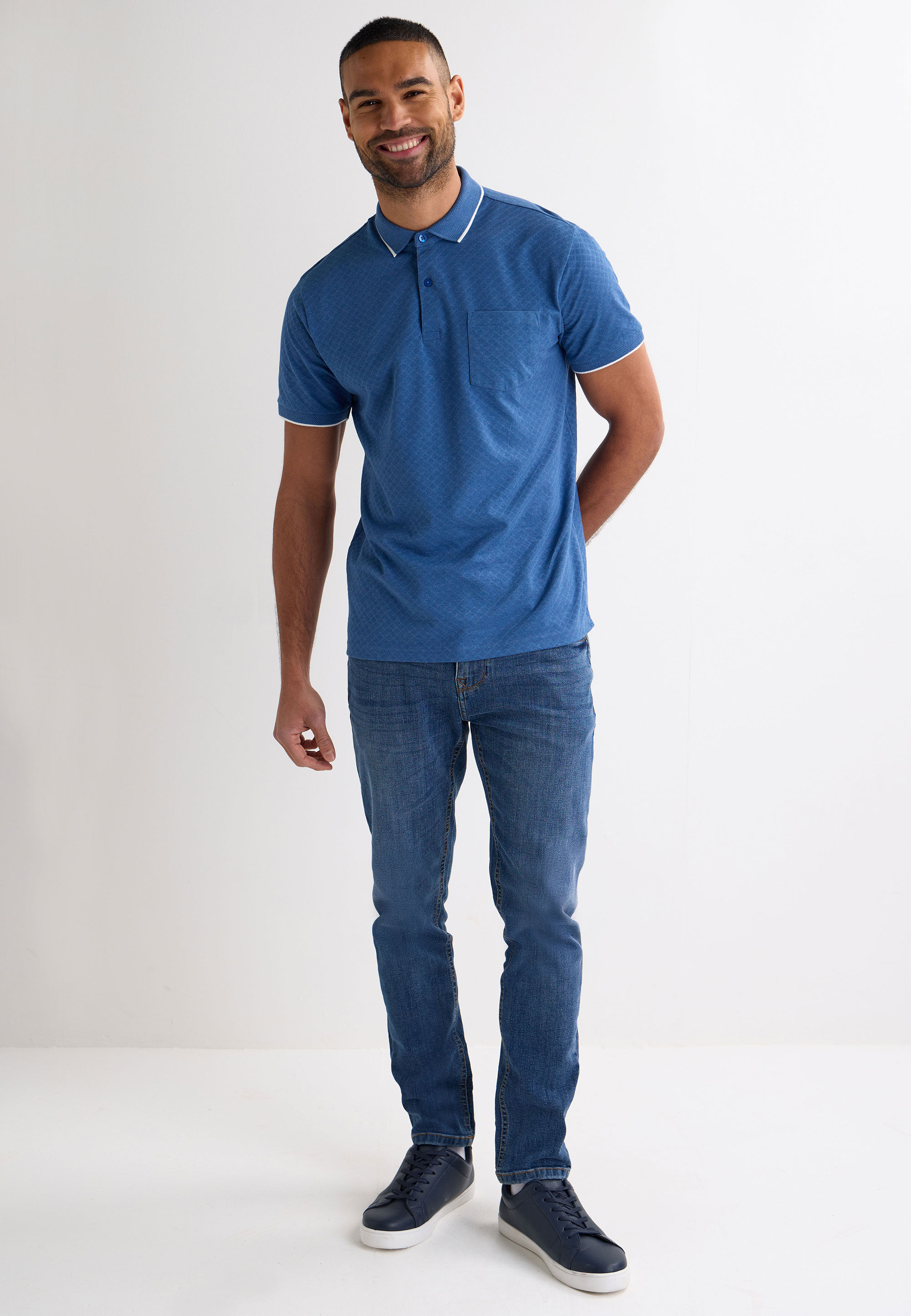 Mens Blue Jacquard Short Sleeve Polo Shirt
