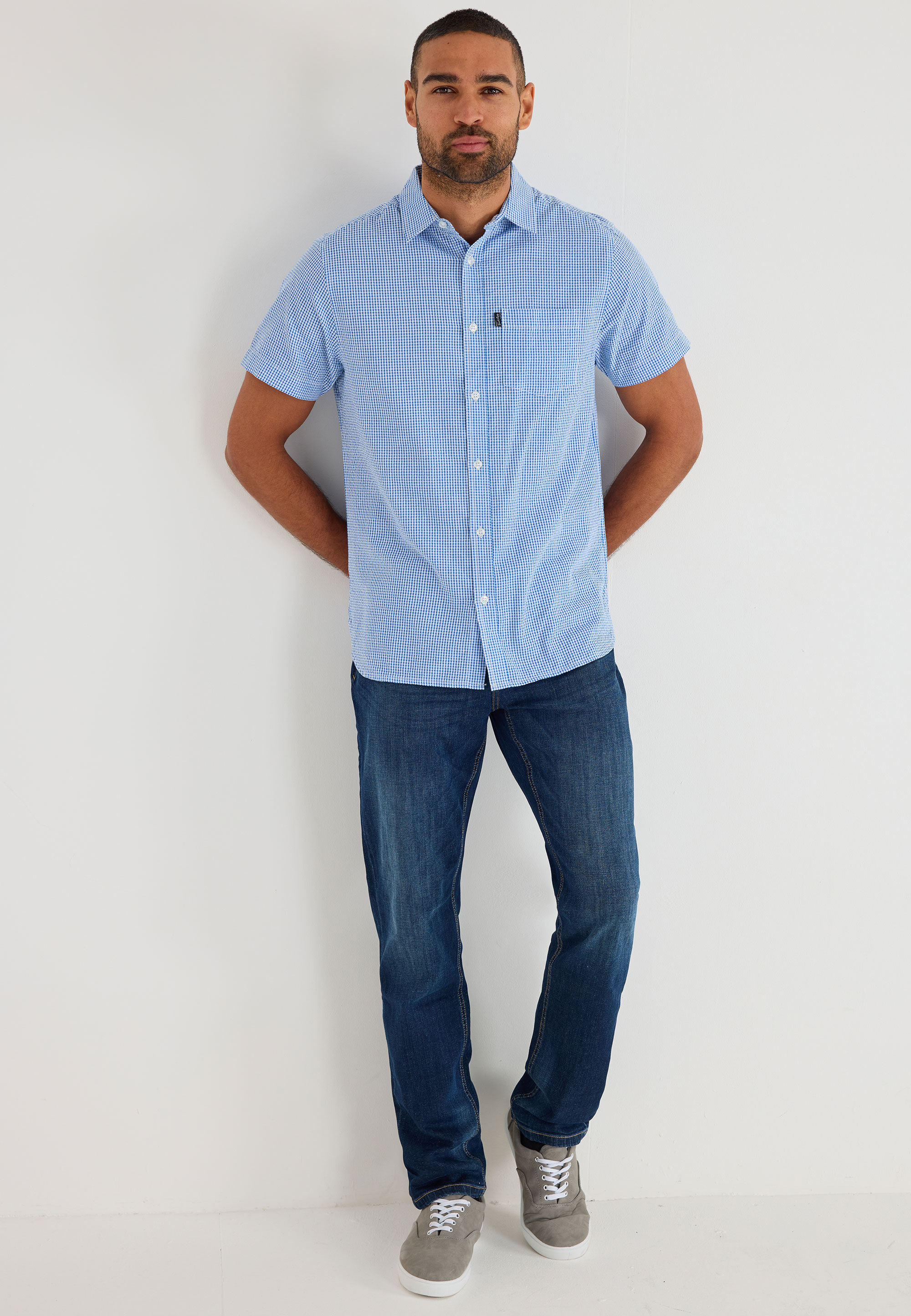 Mens Blue Check Seesucker Cotton Shirt