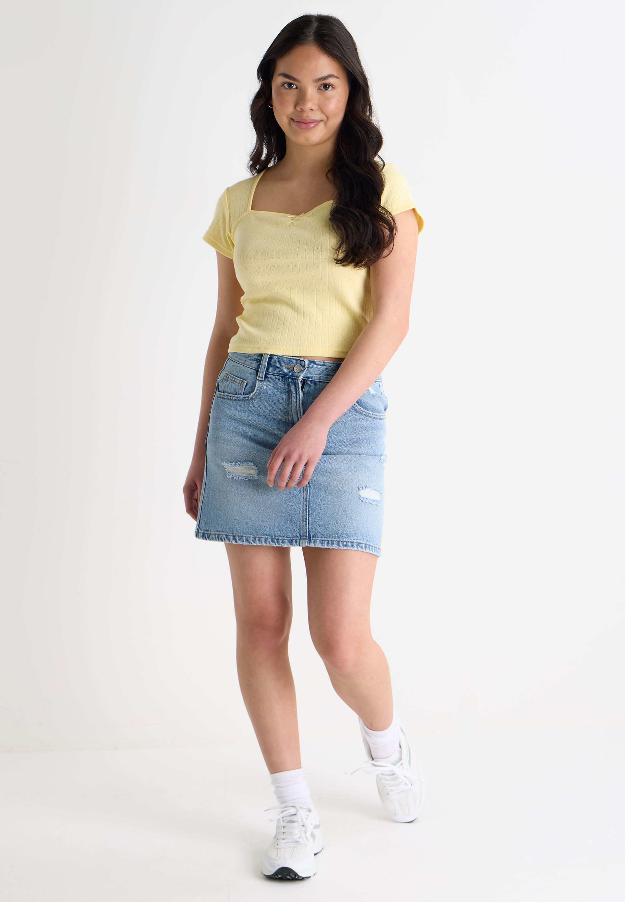 Younger Girls Lemon Yellow Pointelle Square Neck Top