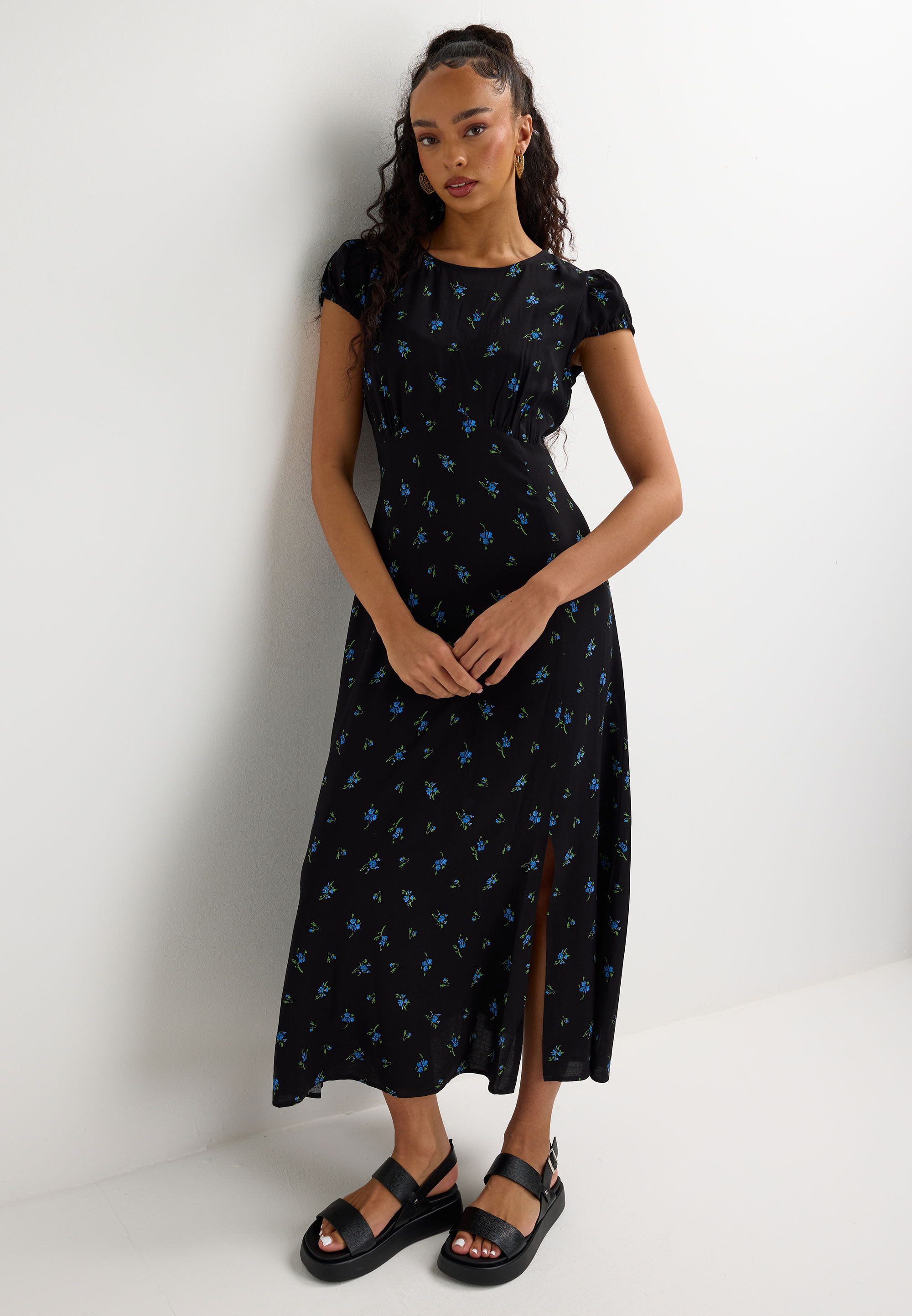 Womens Black & Blue Floral Print Midi Tea Dress