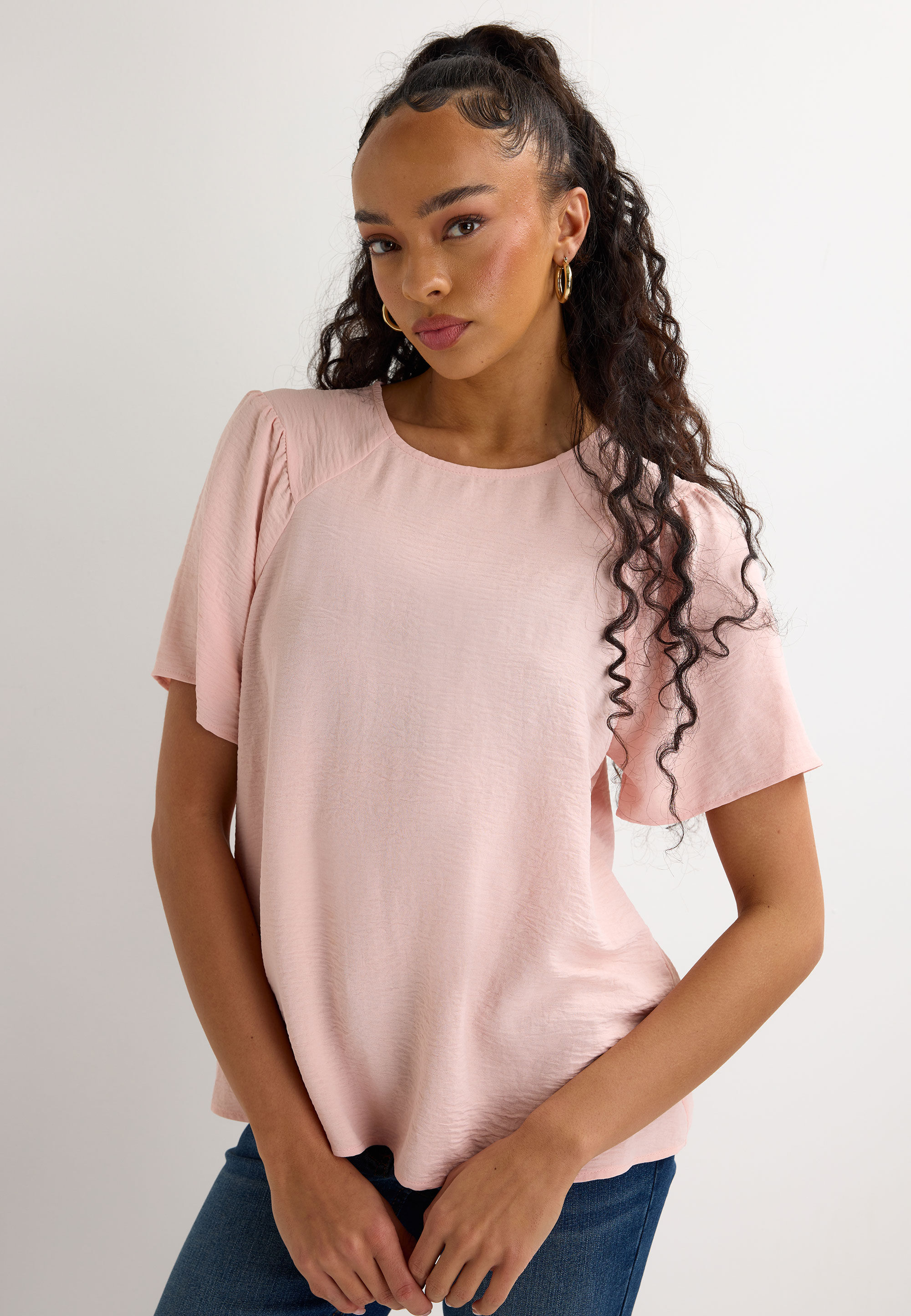 Womens Pink Plain Flutter Sleeve Shell Top