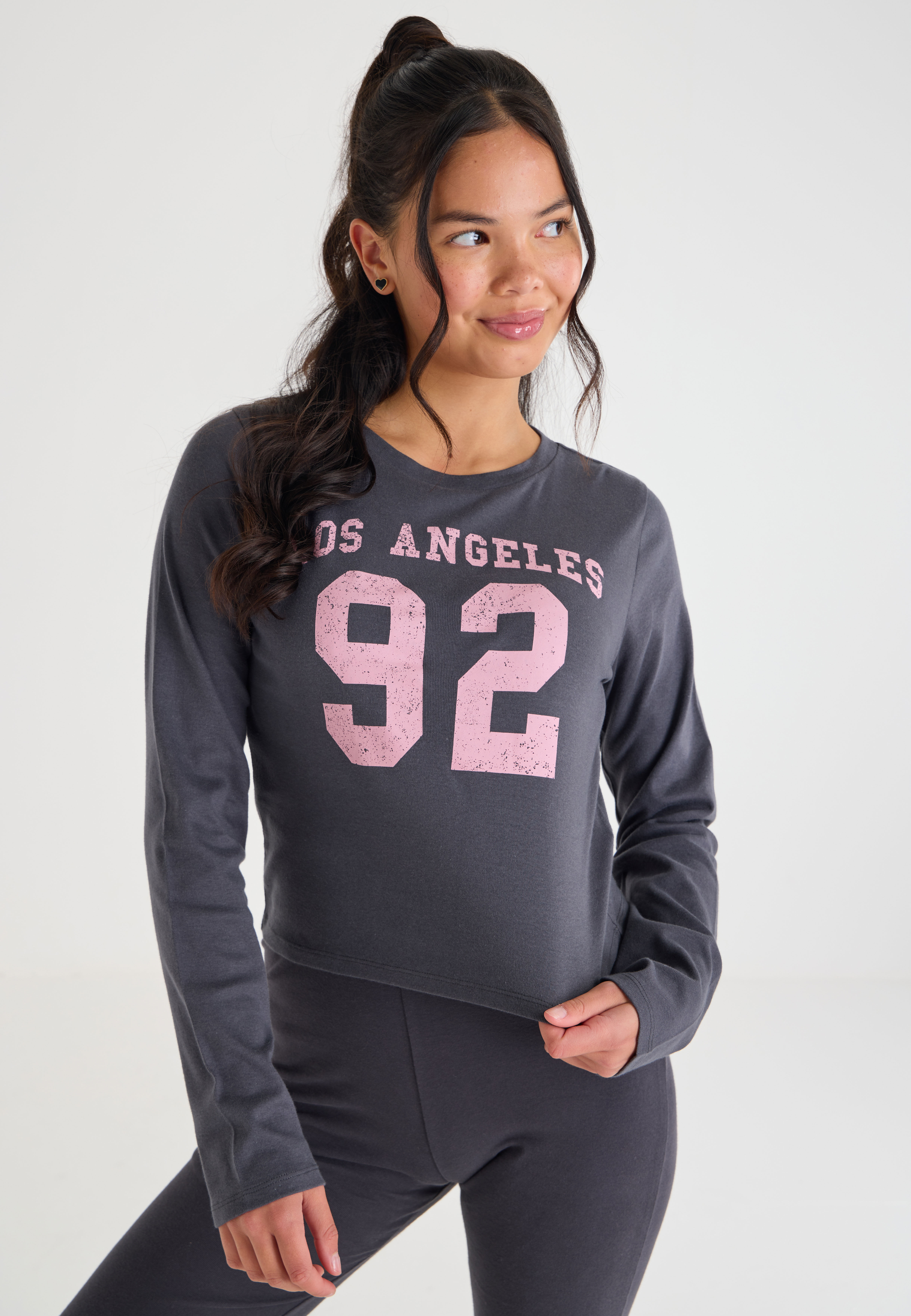 Older Girls Charcoal Long Sleeve Slogan Top