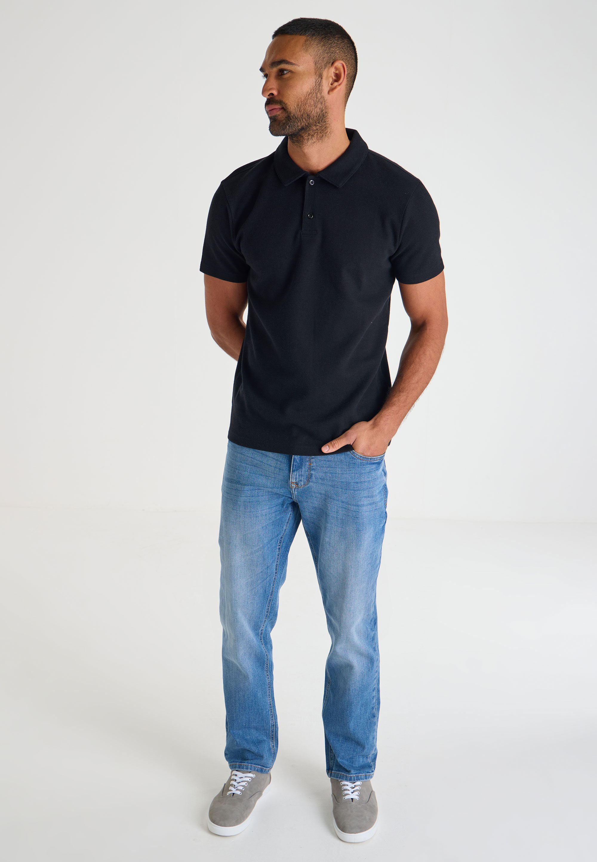 Mens Black Mini Waffle Polo Shirt