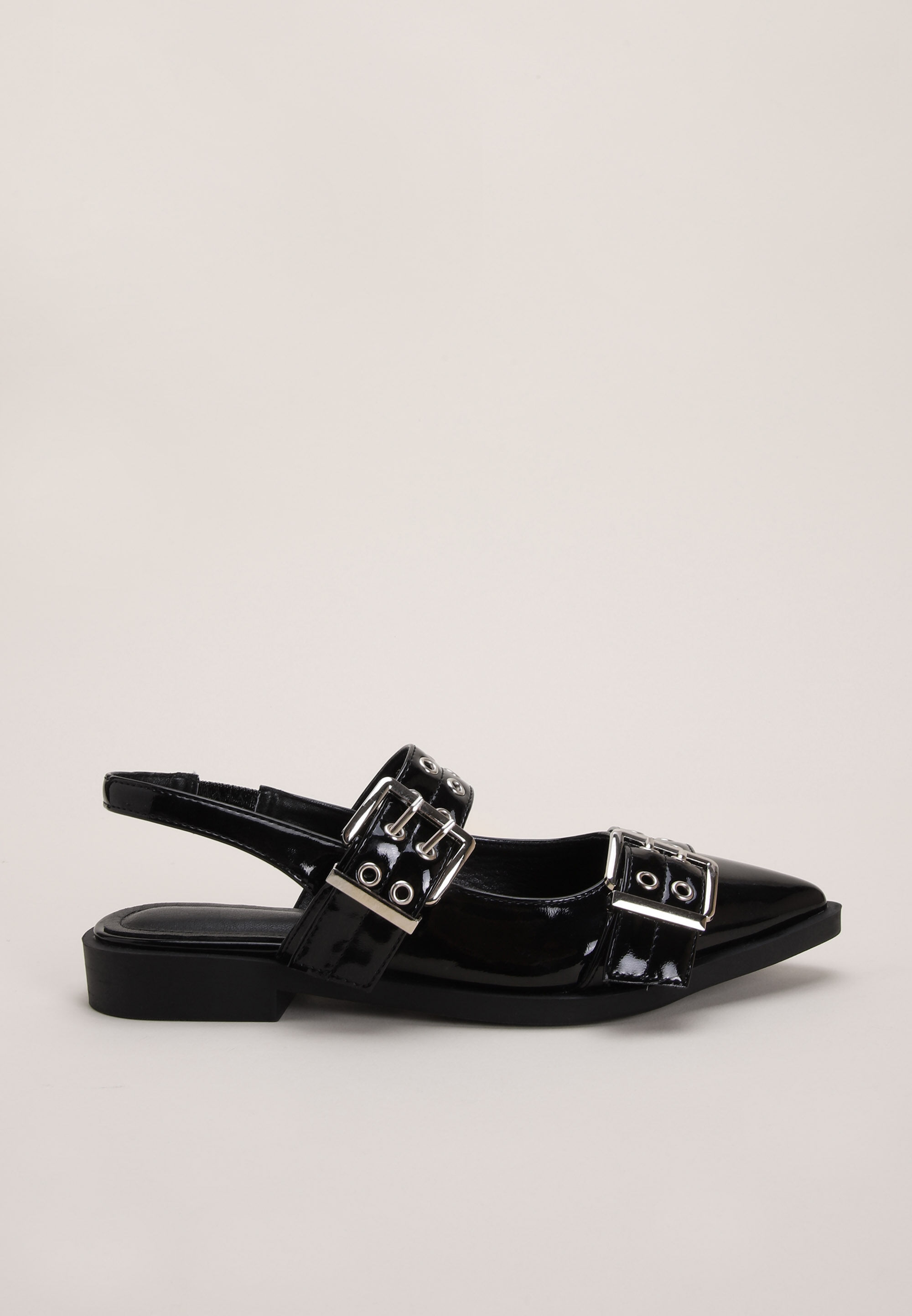 Womens Black Biker Strap Slingback Ballet Pump
