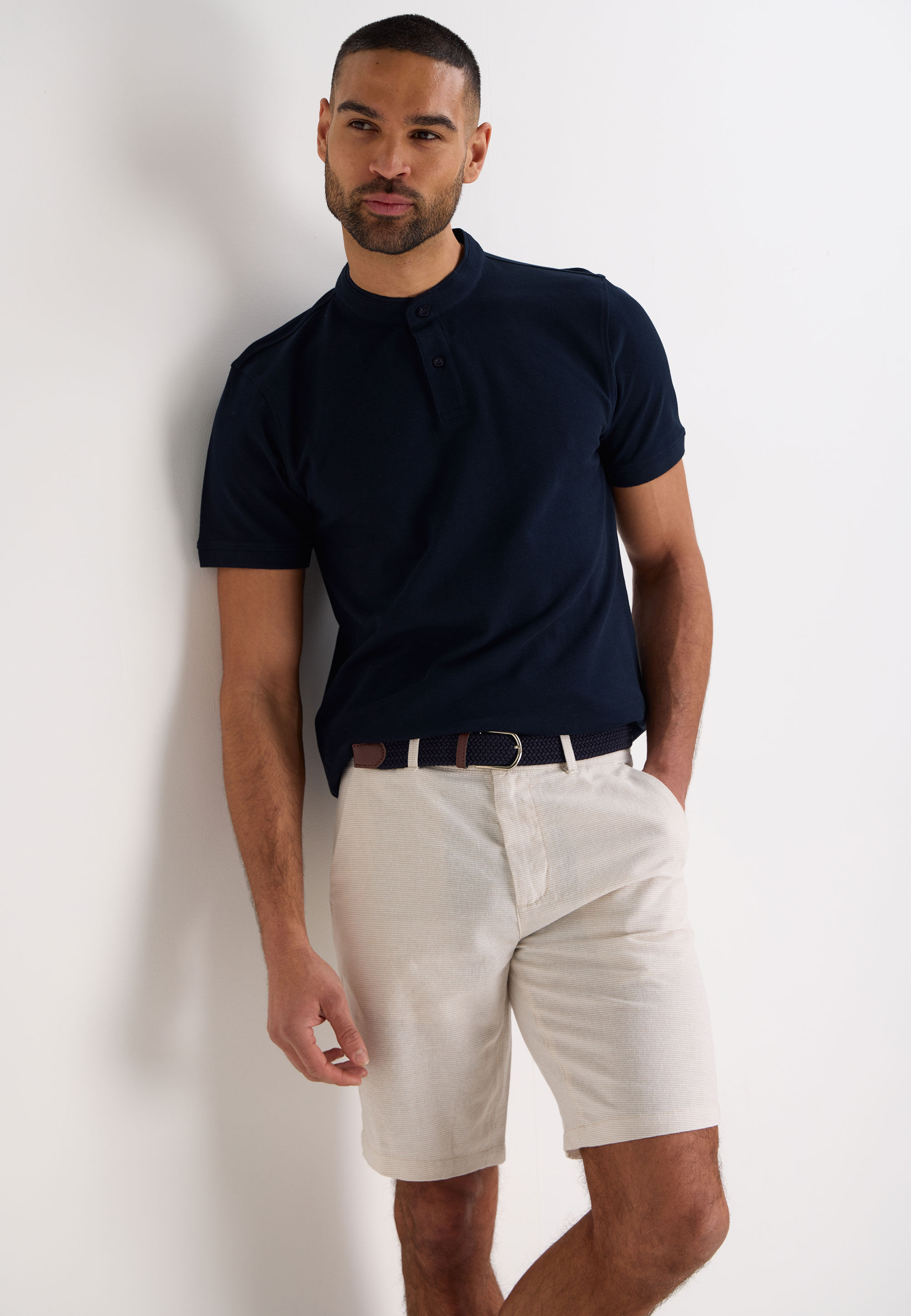Mens Ecru Linen Blend Belted Shorts
