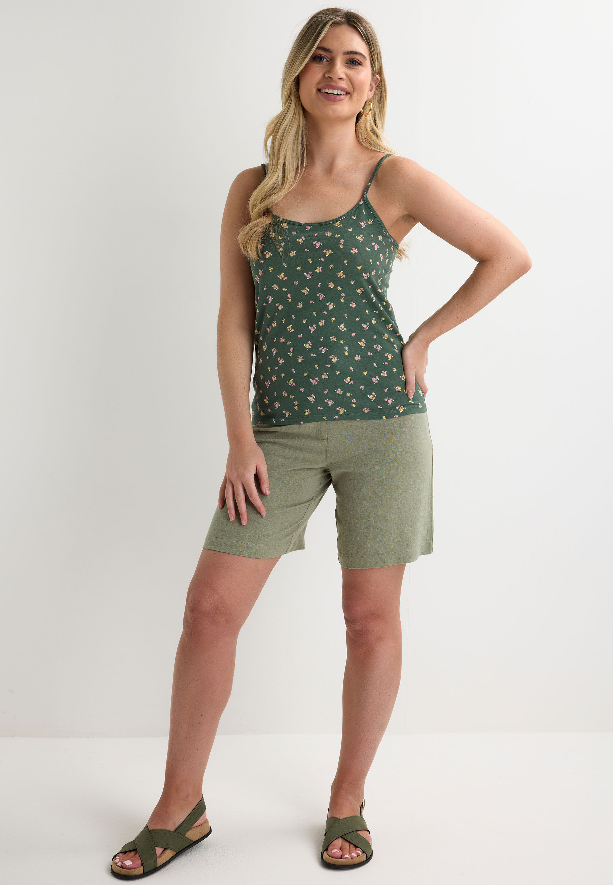 Womens Khaki Floral Stretch Cami Vest
