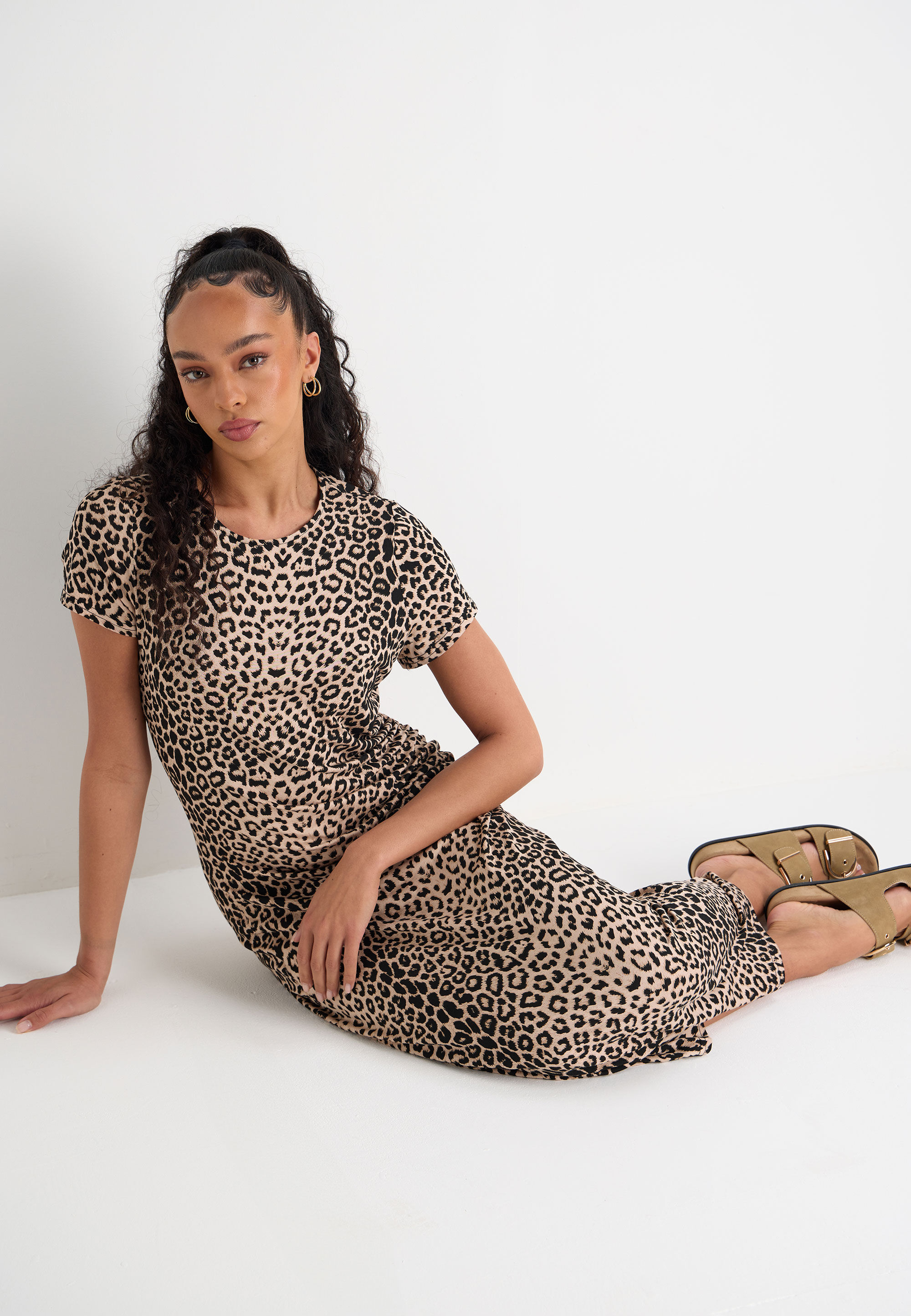 Womens Brown Animal Print Ruched Sides Midi Dress