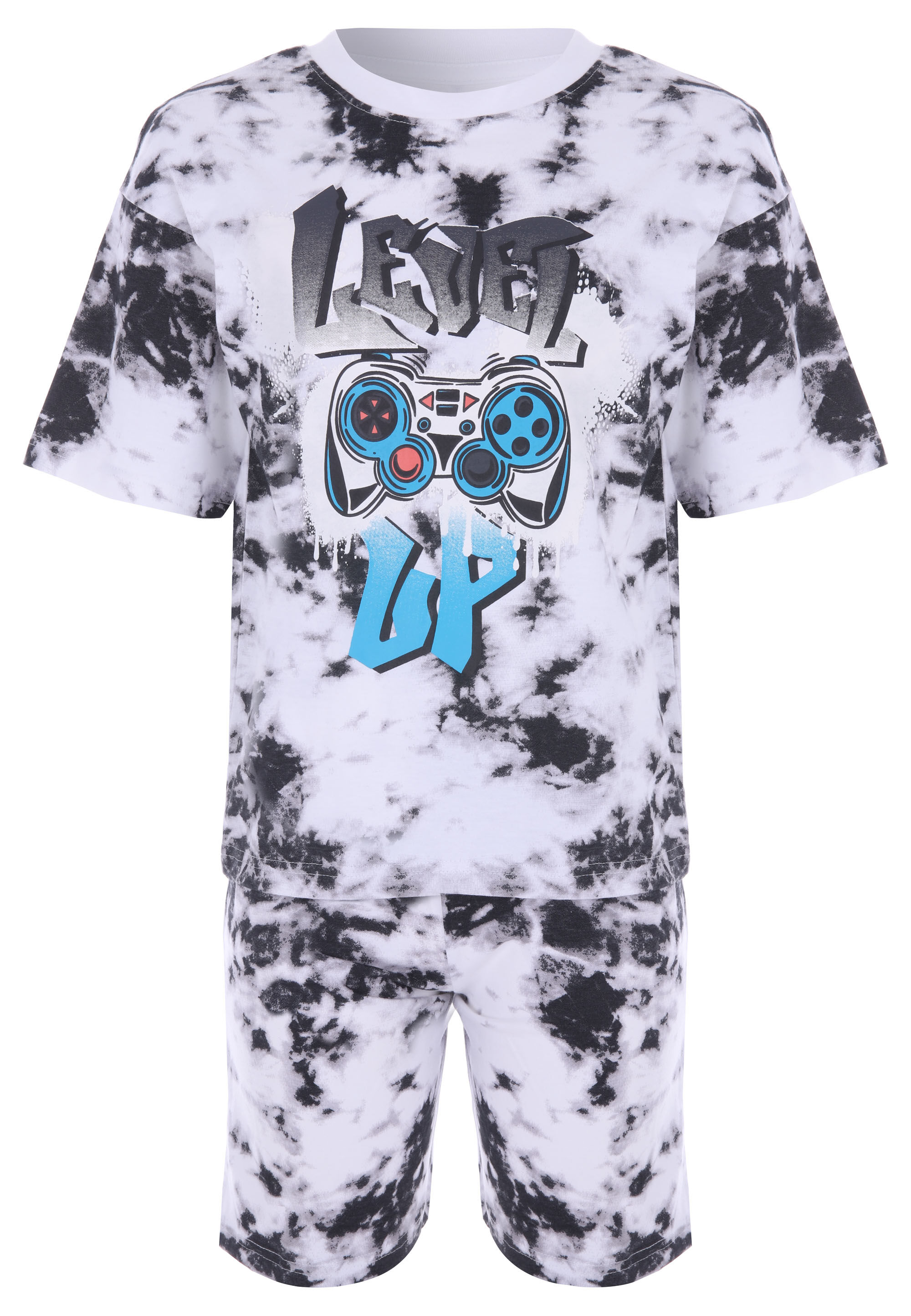 Older Boys Black Tie Dye Gaming Top & Shorts Pyjama Set