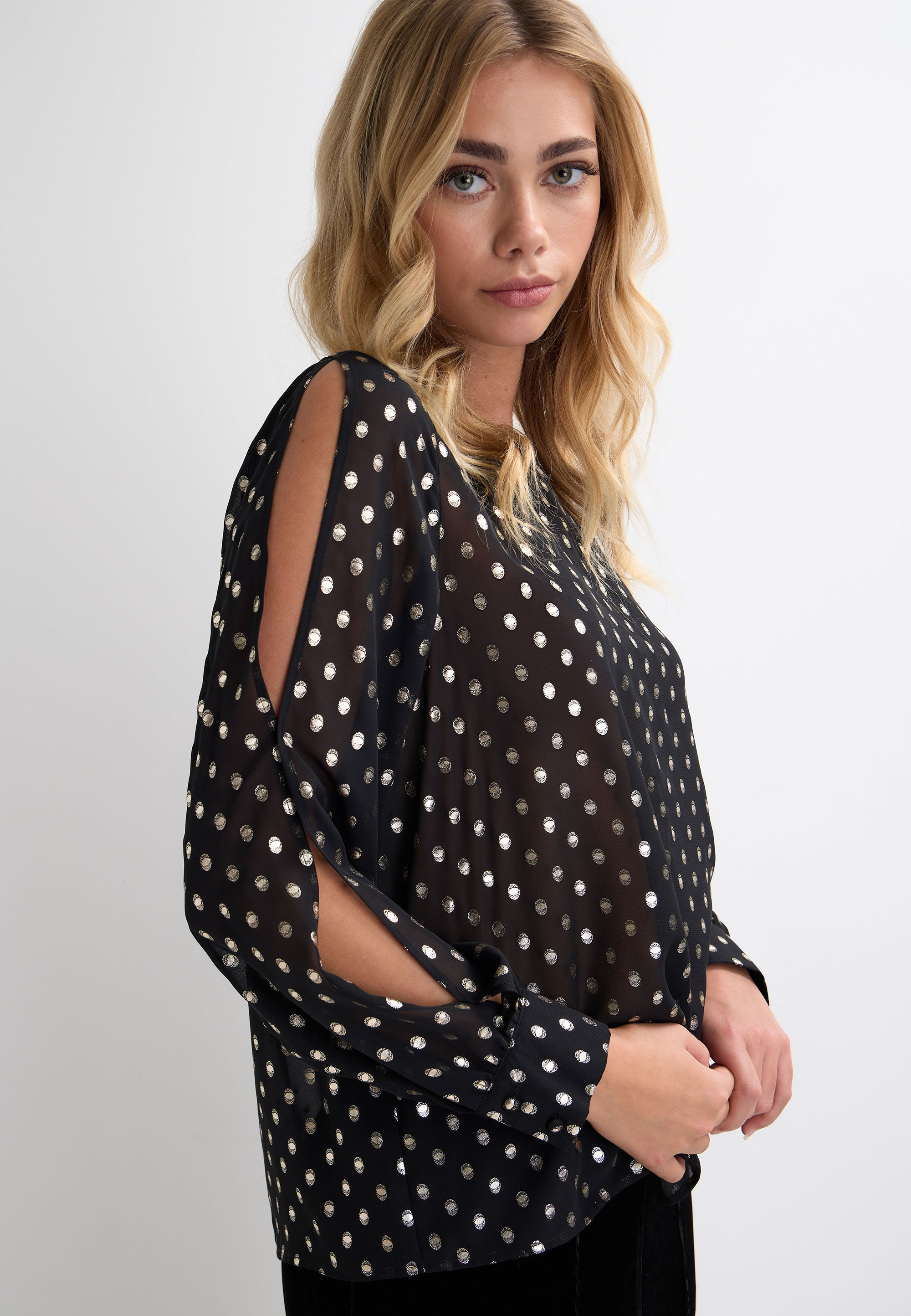 Womens Black & Gold Metallic Split Sleeve Blouse