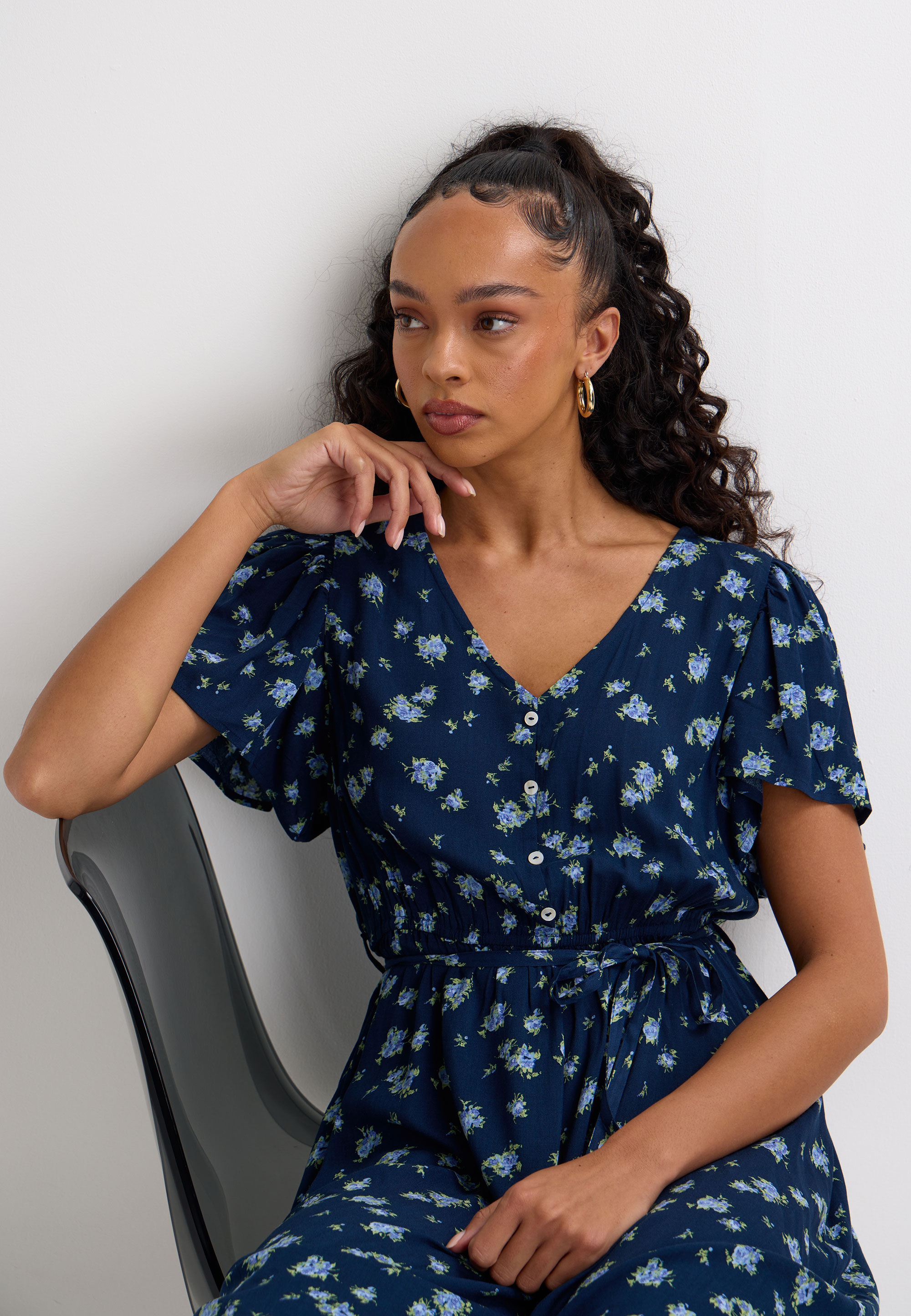 Womens Navy Ditsy Print Flutter Sleeve Mini Dress
