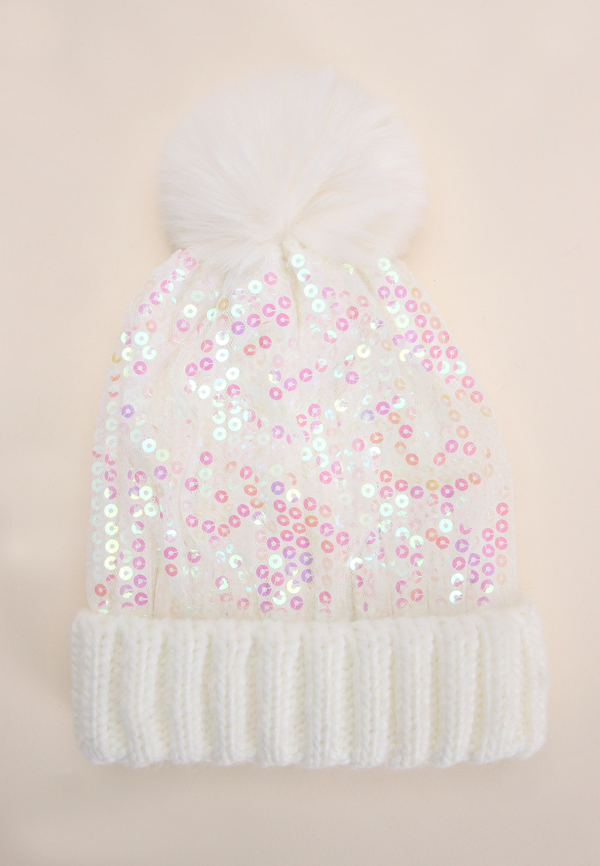 Younger Girls Cream Sequin Bobble Hat