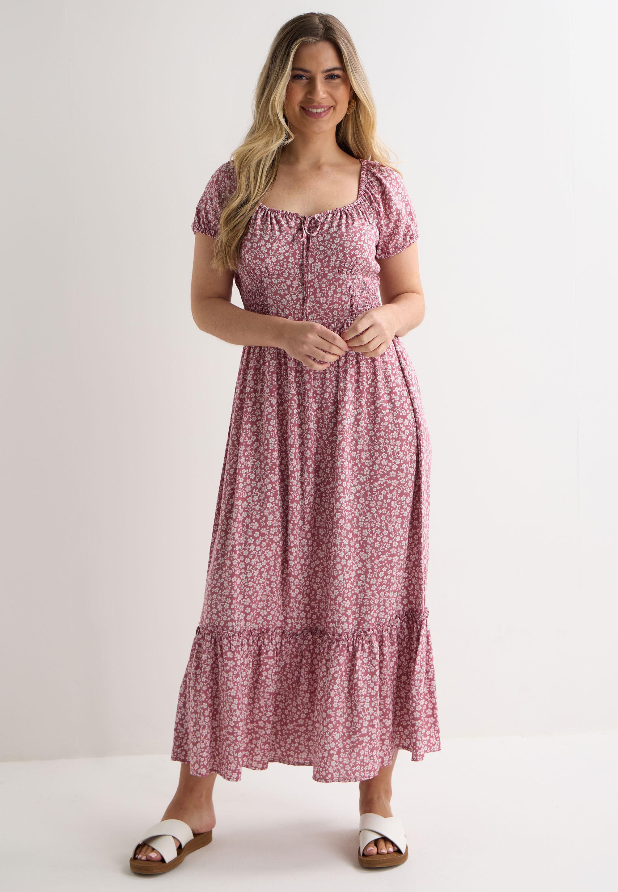 Womens Mauve Pink Ditsy Milkmaid Midi Dress