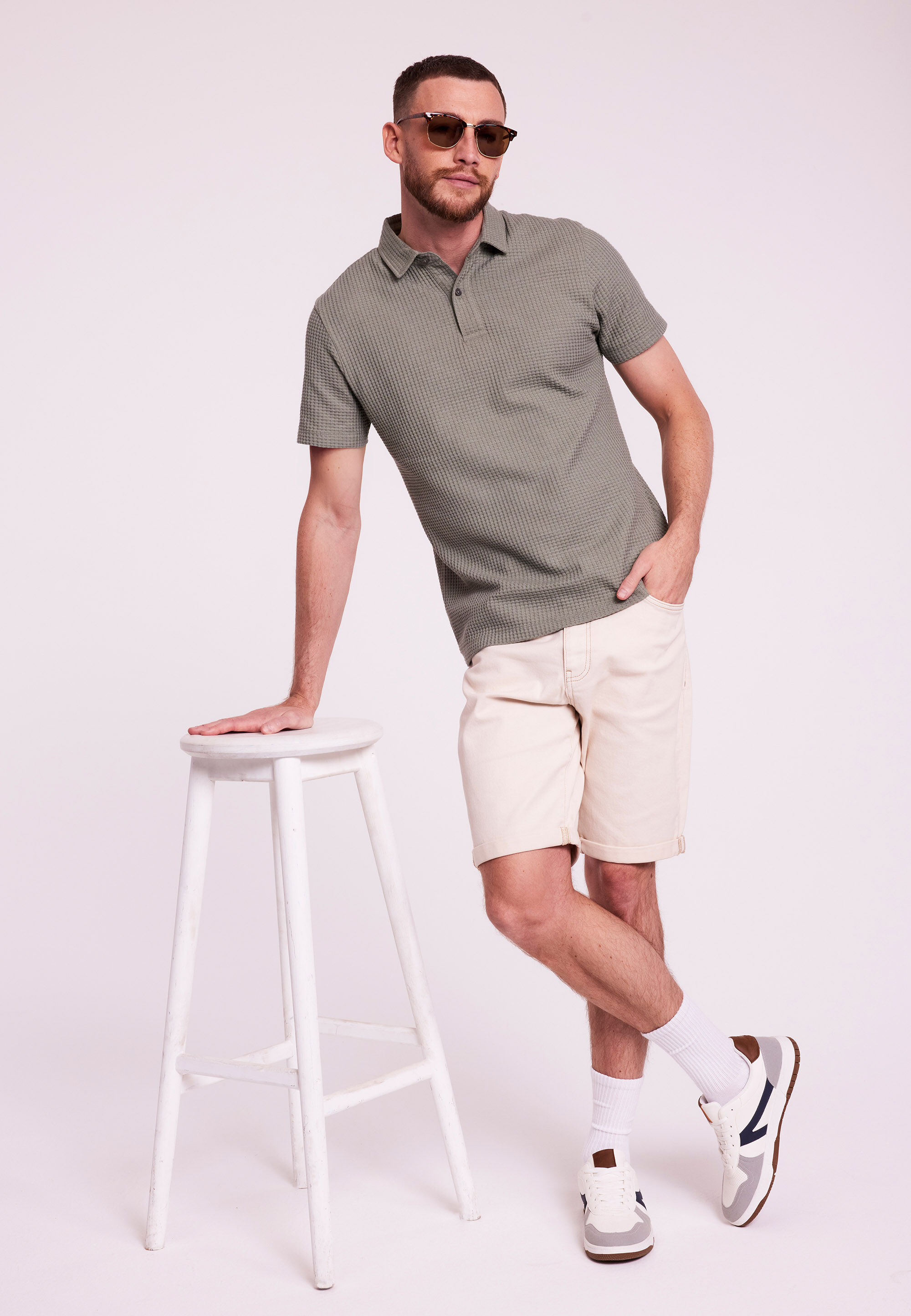 Mens Green Waffle Short Sleeve Polo Shirt