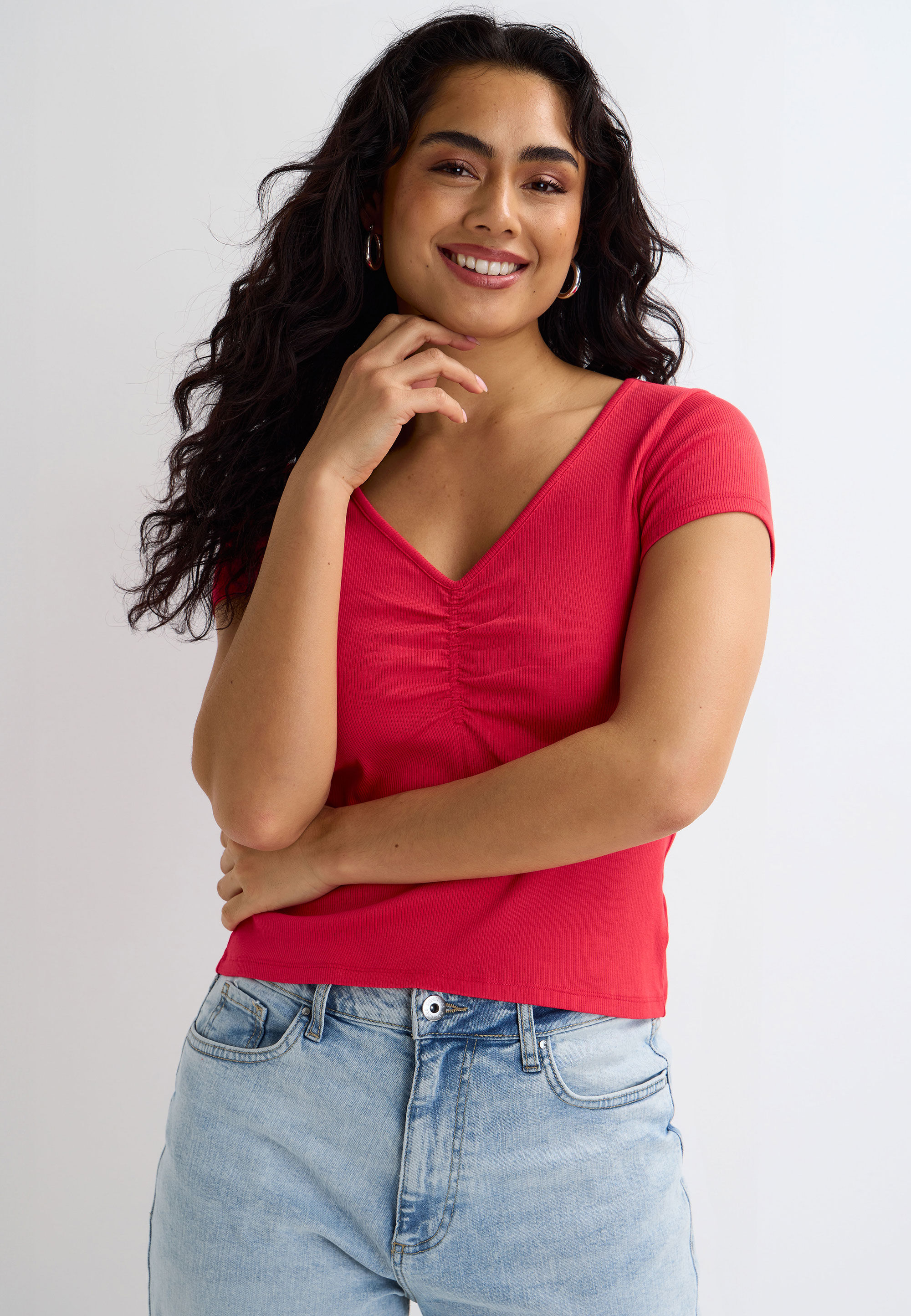 Womens Red Ruched Short Sleeve Top