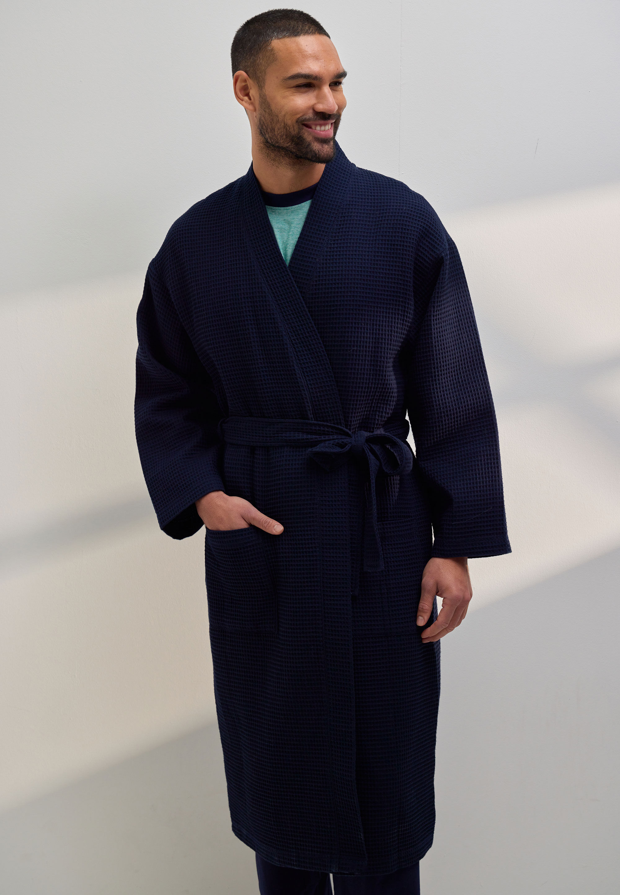 Mens Navy Waffle Dressing Gown Robe