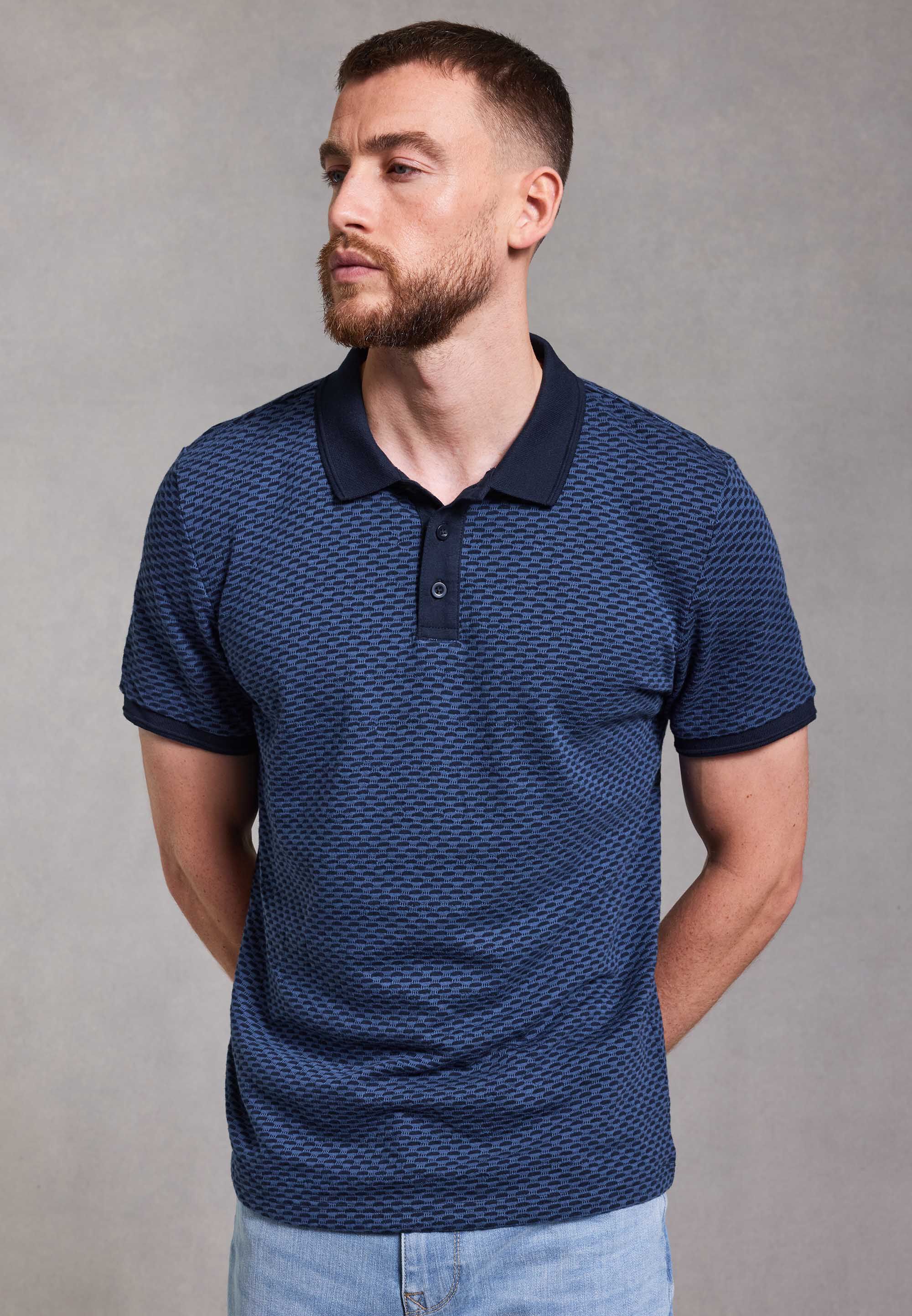 Mens Navy Two Tone Textured Polo Shirt