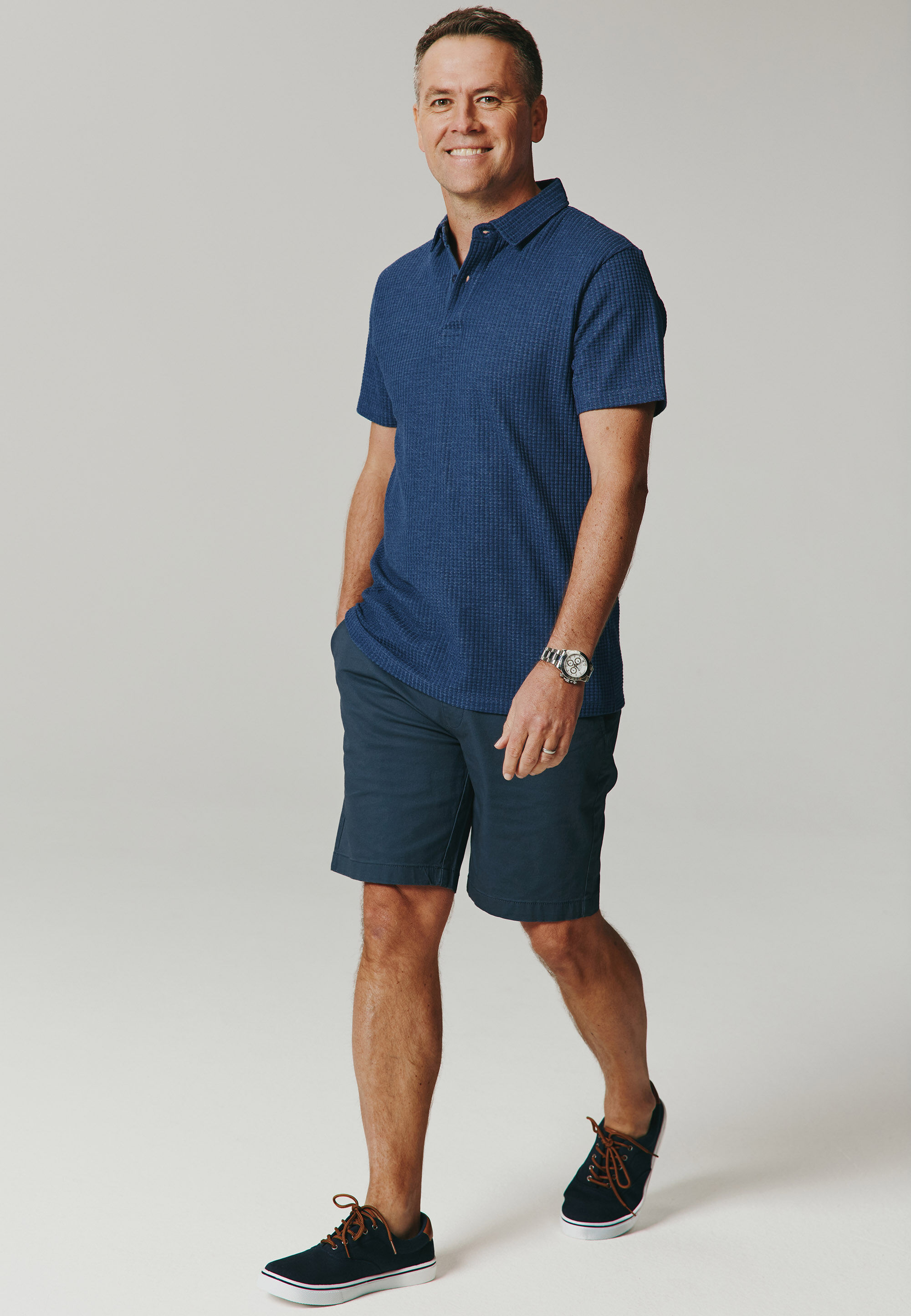 Mens Mid Blue Waffle Short Sleeve Polo Shirt