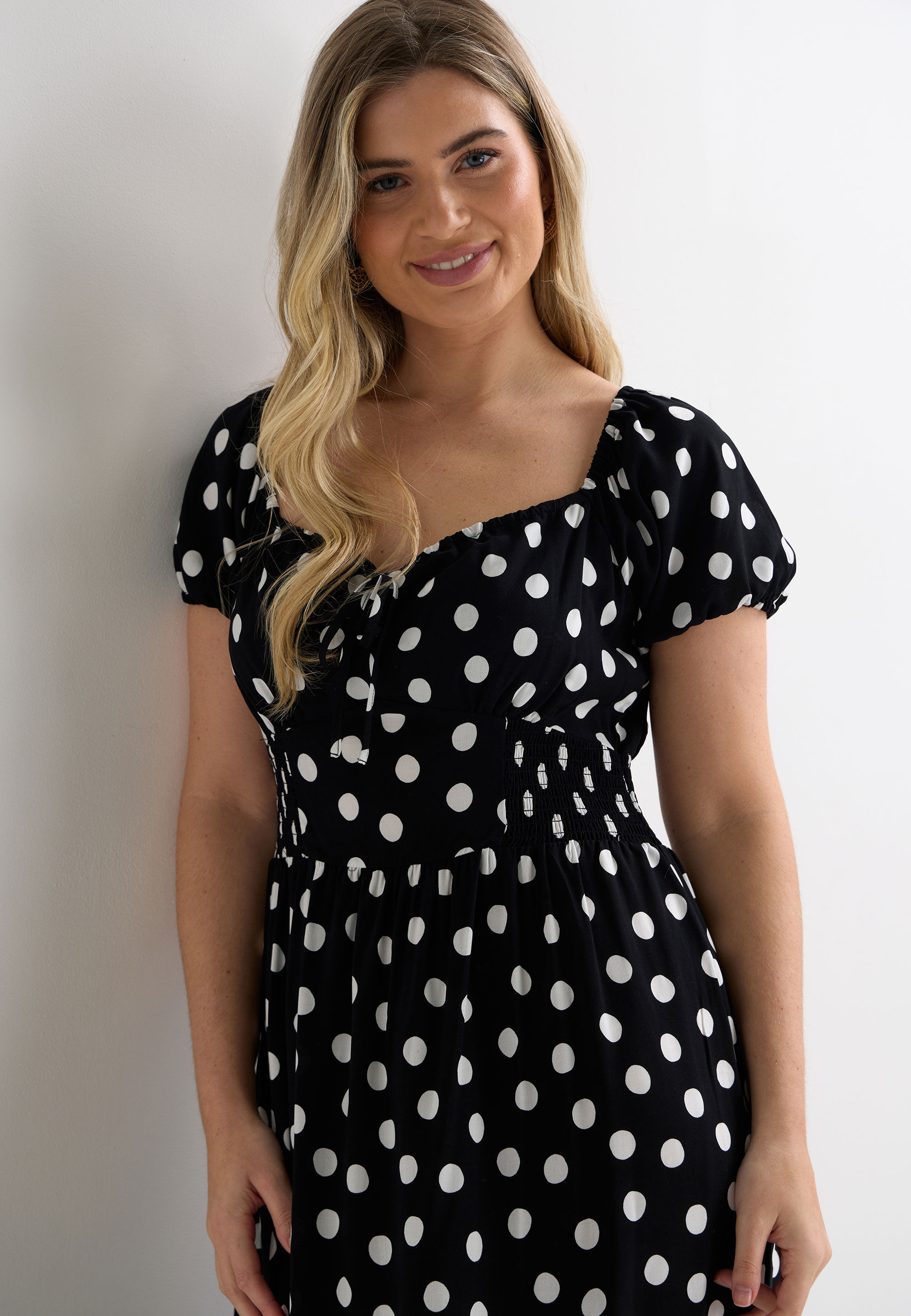 Womens Black & White Spot Milkmaid Midi Dress